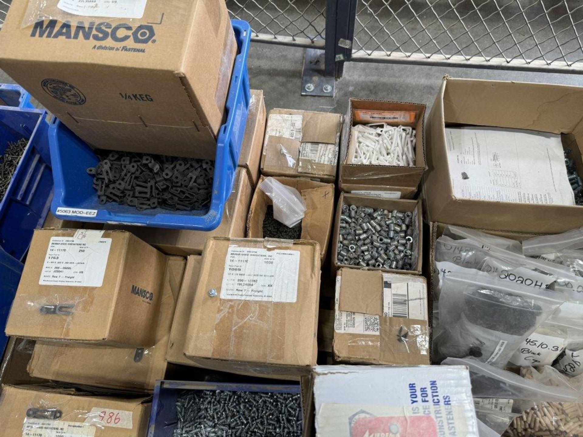 PALLET OF ASSORTED FASTENERS, WOOD DOWELS, HARDWARE, ETC. - Image 3 of 4