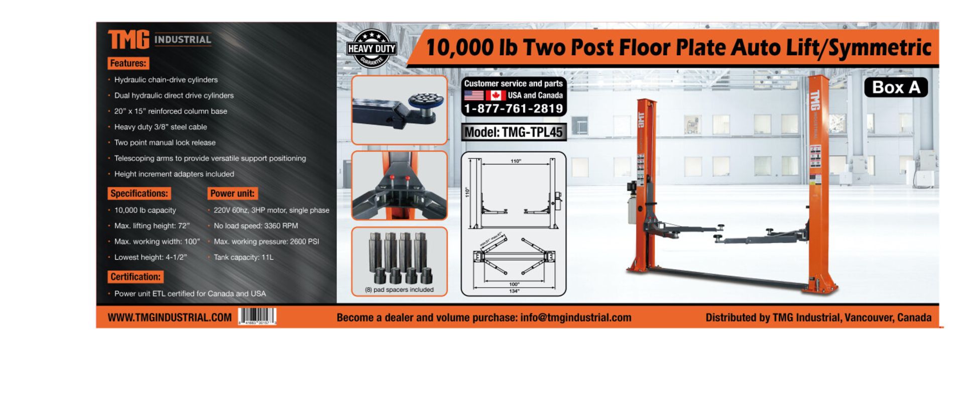 TMG-TPL45 TMG INDUSTRIAL 10,000-LB TWO POST FLOOR PLATE AUTO LIFT, SYMMETRIC ARMS, 77'' LIFT HEIGHT, - Image 4 of 6