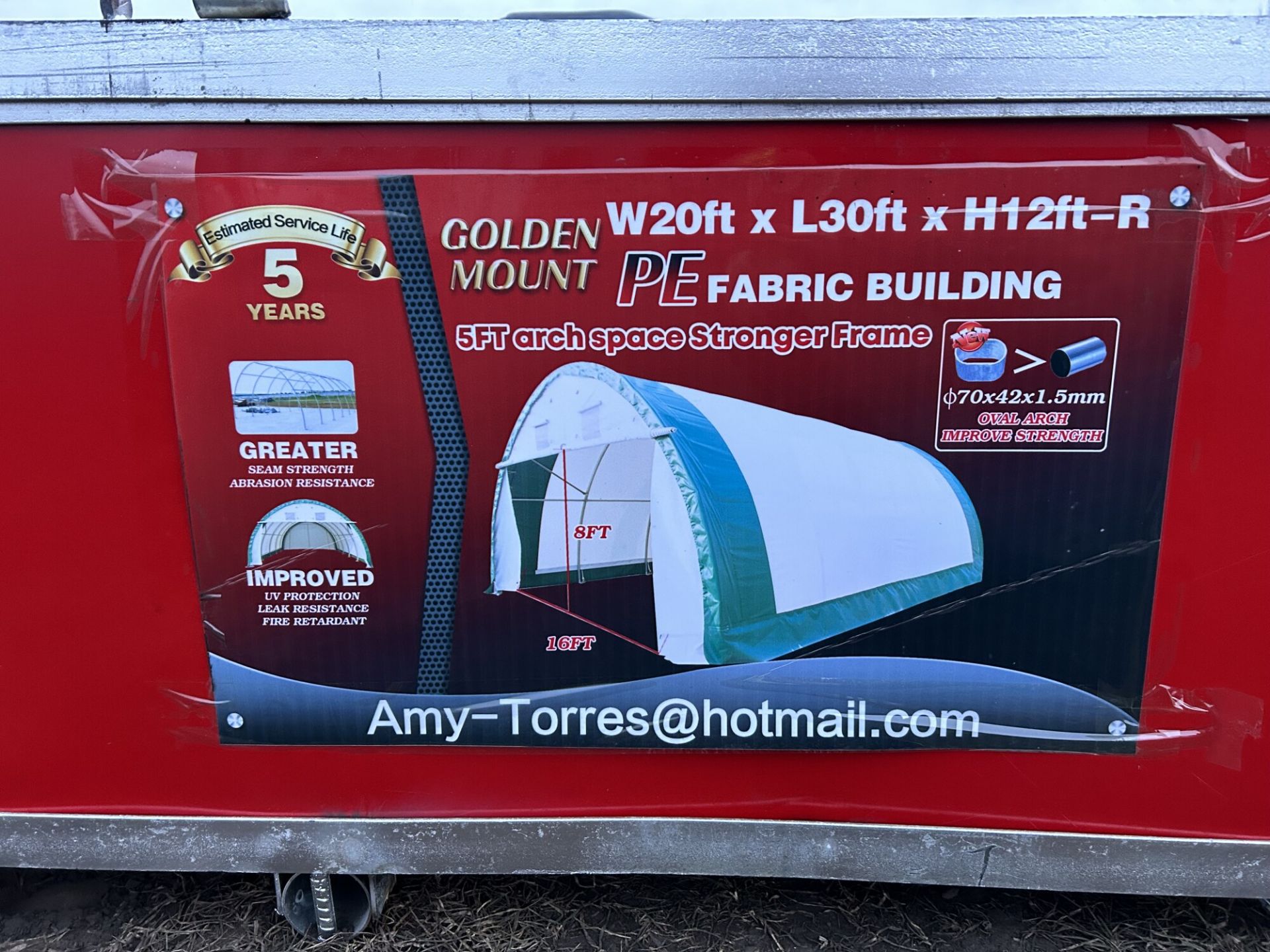 UNUSED 2024 GOLDEN MOUNT- S203012R-300GSM PE DOME STORAGE SHELTER. CSA/TUV SNOW RATING TEST