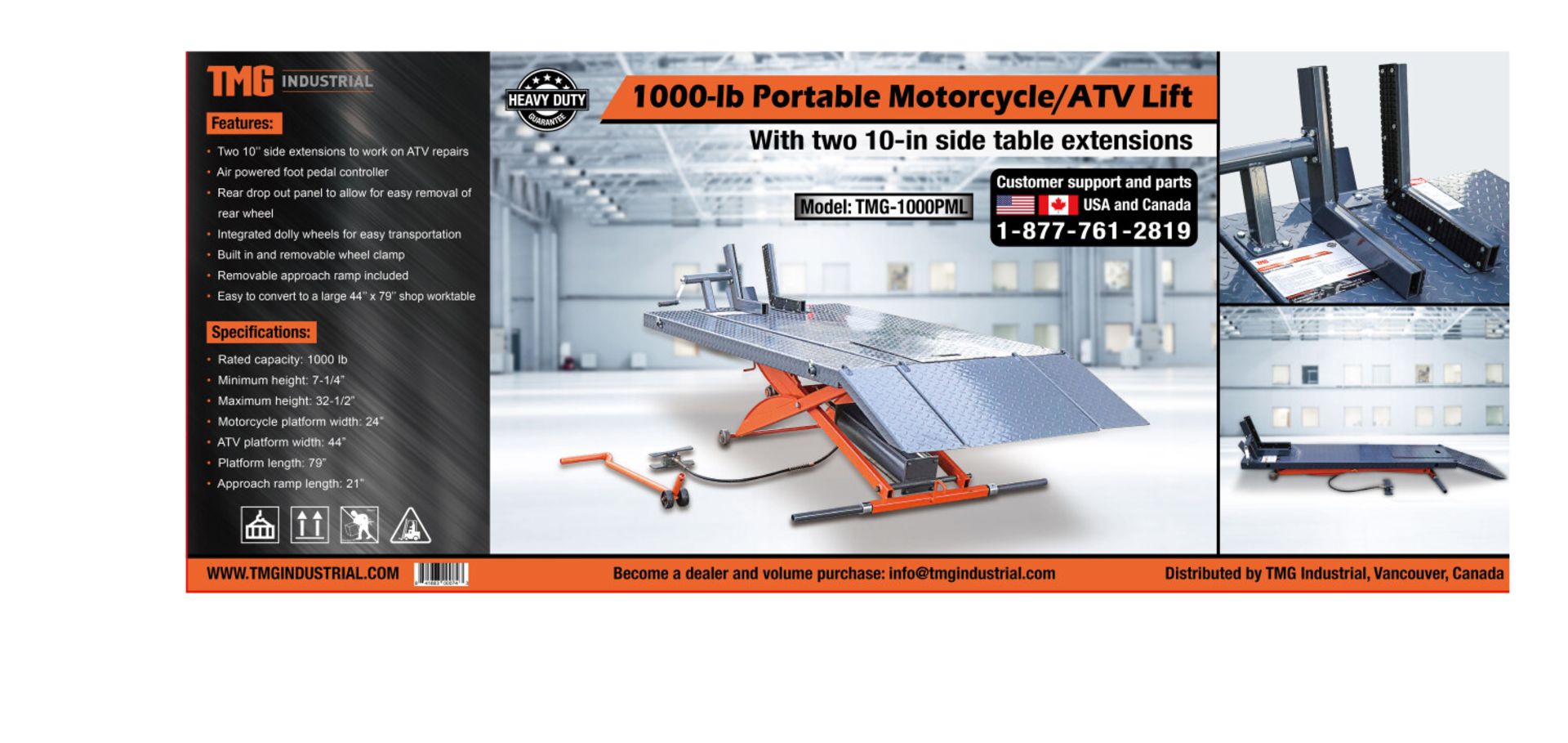 TMG-1000PML AUTO: 1000-LB PORTABLE MOTORCYCLE/ATV LIFT, 40'' WORK PLATFORM, AIR OPERATING POWER - Image 4 of 6