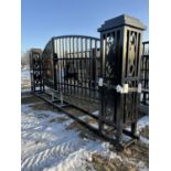 UNUSED 2024 20FT FARM IRON GATE, SINGLE ARC WITH DEER AND HOLLOWED-OUT DESIGN.