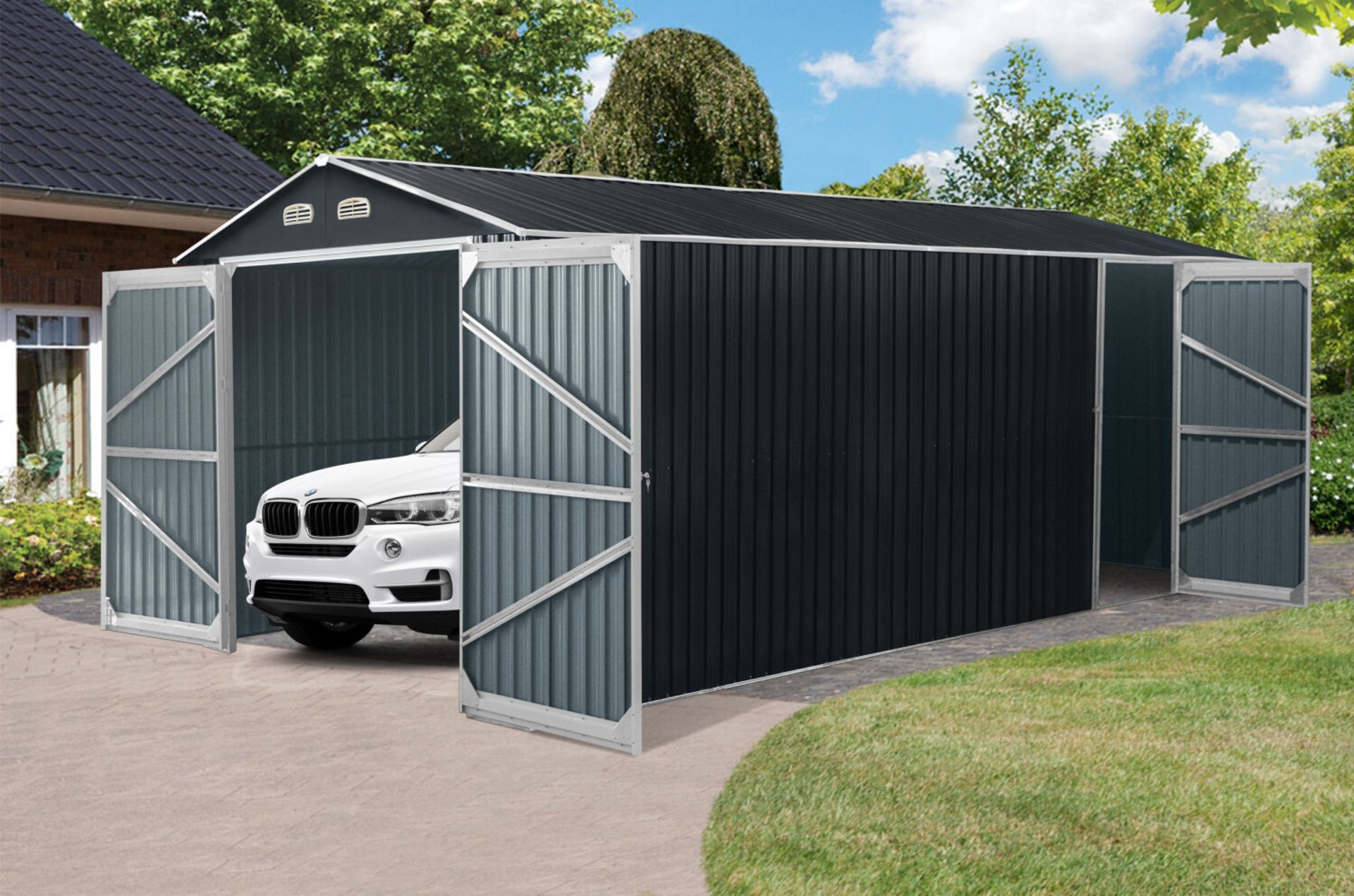 TMG-MS1020A TMG INDUSTRIAL 10' X 20' METAL GARAGE SHED WITH DOUBLE FRONT DOORS, 7'8'' PEAK HEIGHT, - Image 2 of 9
