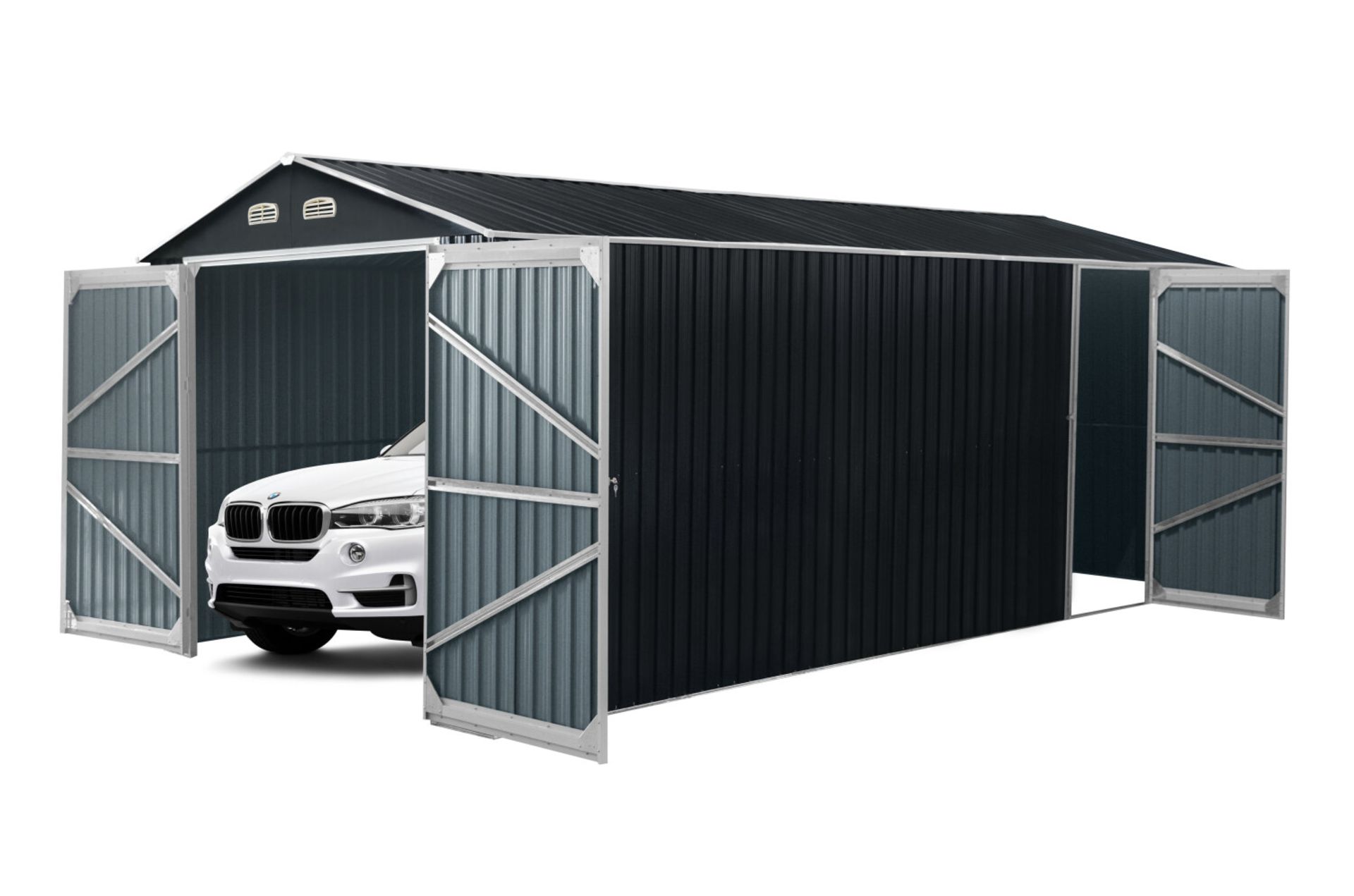 TMG-MS1020A TMG INDUSTRIAL 10' X 20' METAL GARAGE SHED WITH DOUBLE FRONT DOORS, 7'8'' PEAK HEIGHT,