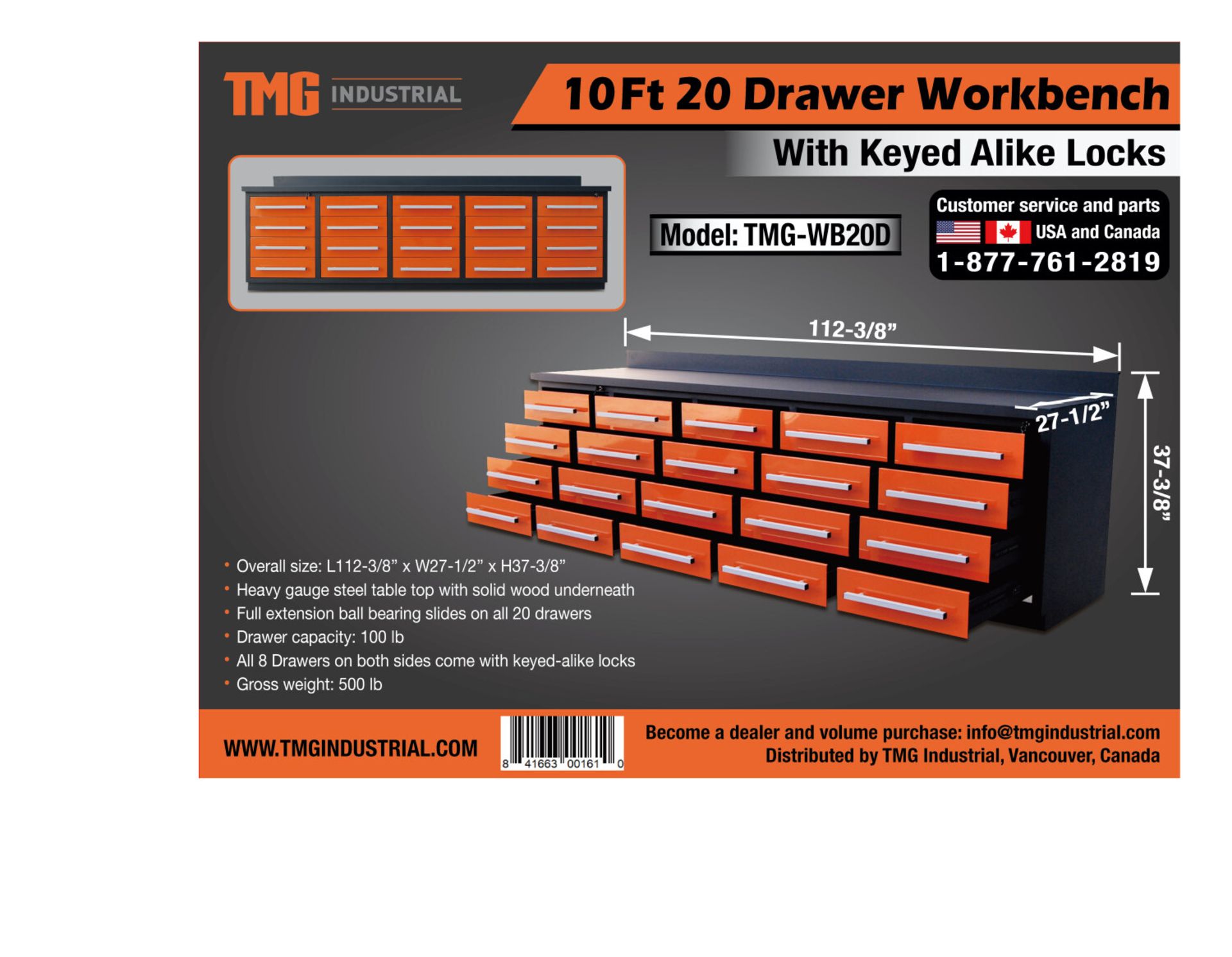 TMG-WB20D 10' 20-DRAWER WORKBENCH WITH KEYED ALIKE LOCKS - Bild 3 aus 5