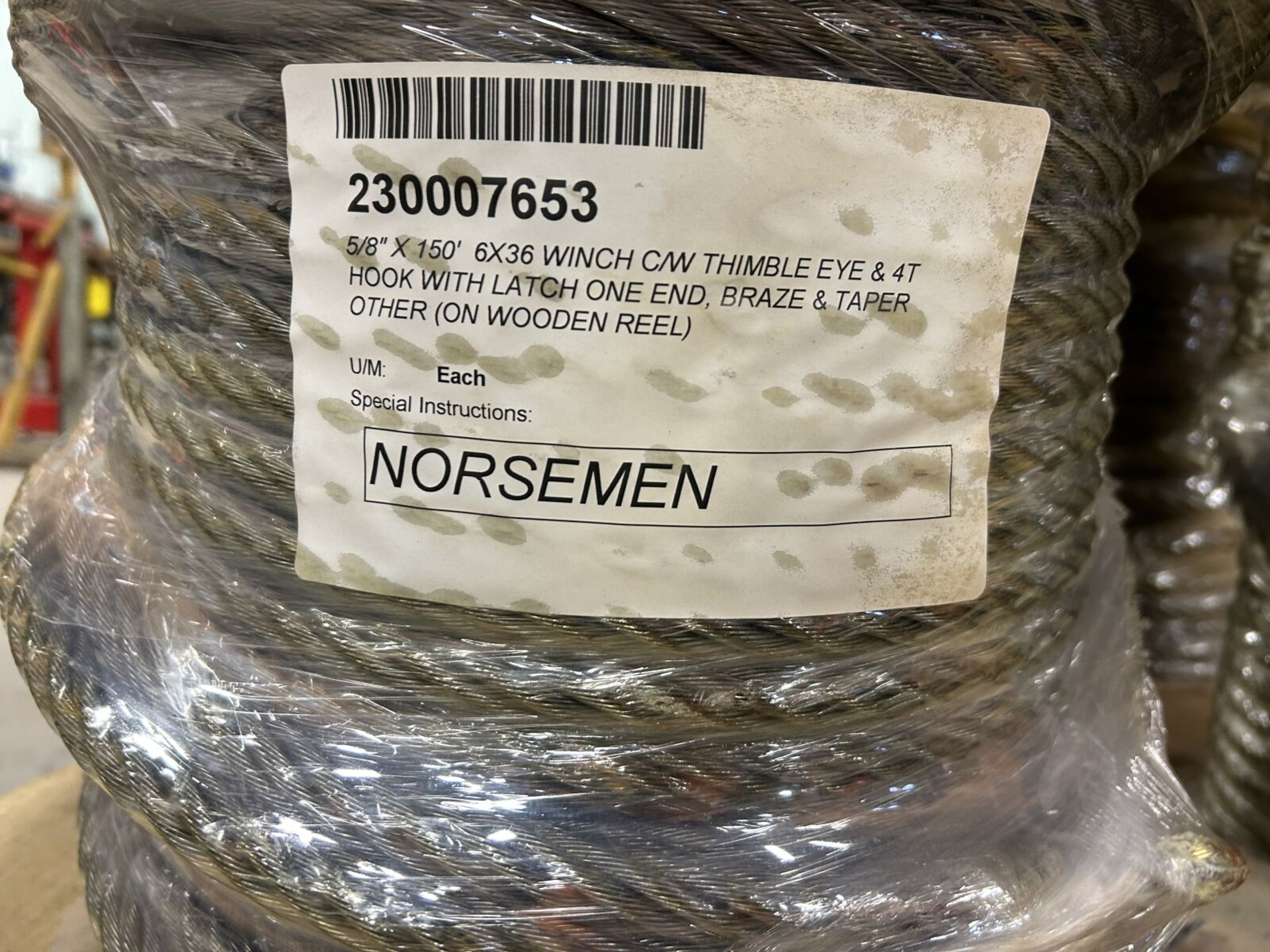 SPOOL OF UNUSED NORSEMEN 5/8x50FT, 6x3/8 WINCH CABLE W/THIMBLE EYE AND 4T HOOK - Image 3 of 3