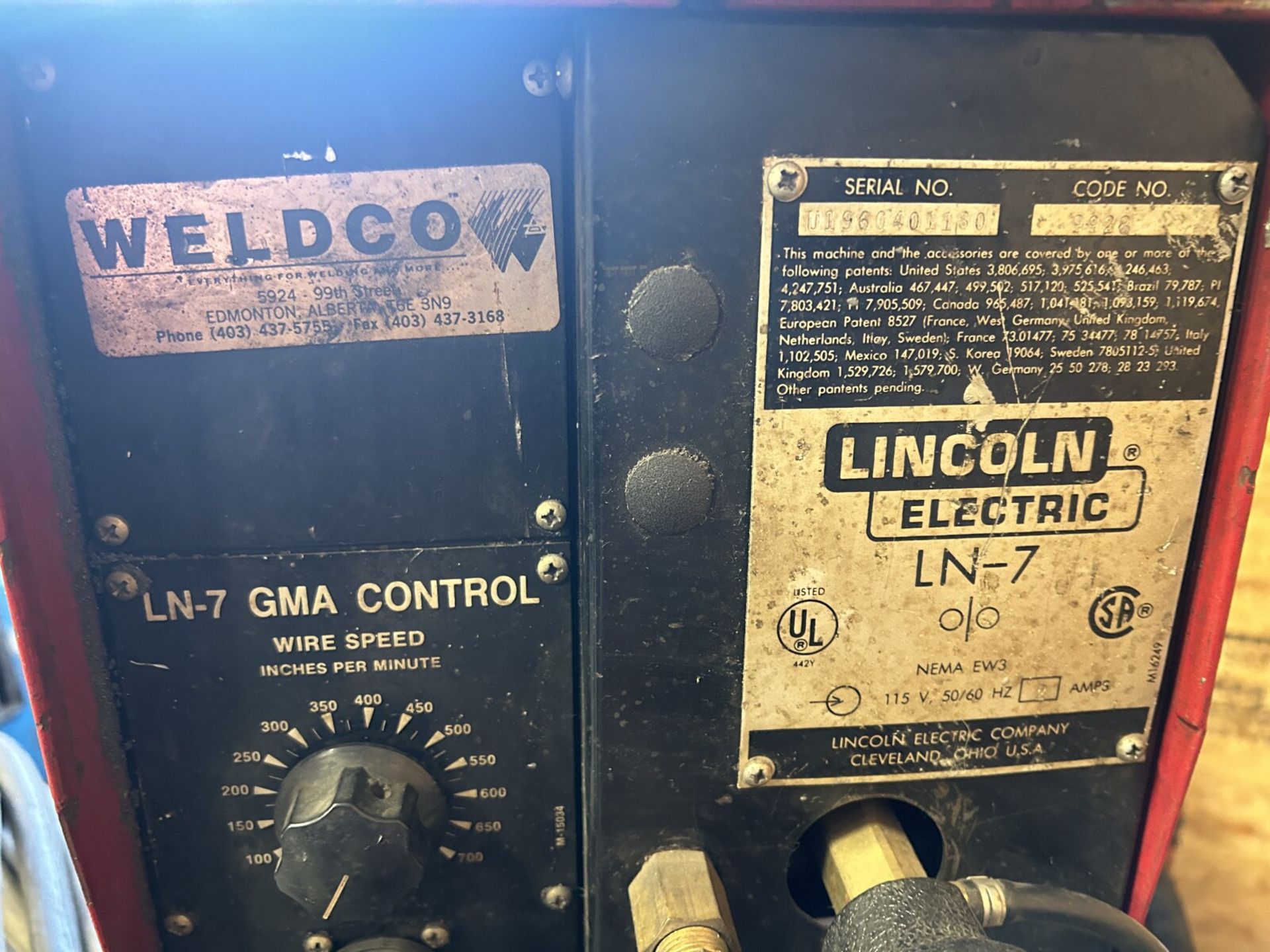 LINCOLN CV300 WELDER POWERSOURCE, C/W LINCOLN LN-7GMA WIRE FEEDER (S/N: U19604011180), S/N: - Image 5 of 6