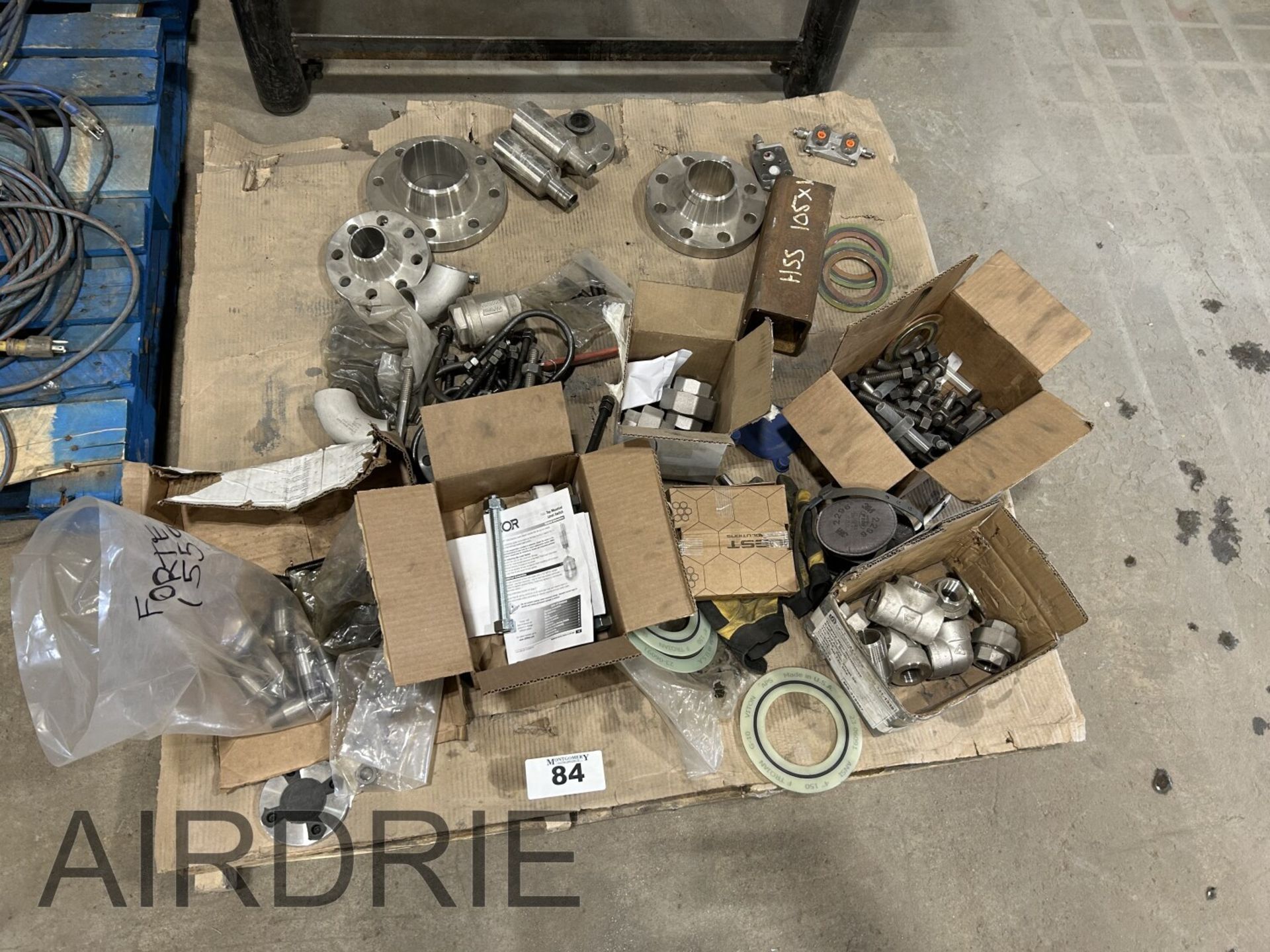 *OFFSITE* L/O ASSORTED STAINLESS UNIONS, FLANGES AND ASSORTED THREADED STUDS, BOLTS, GASKETS, ETC.