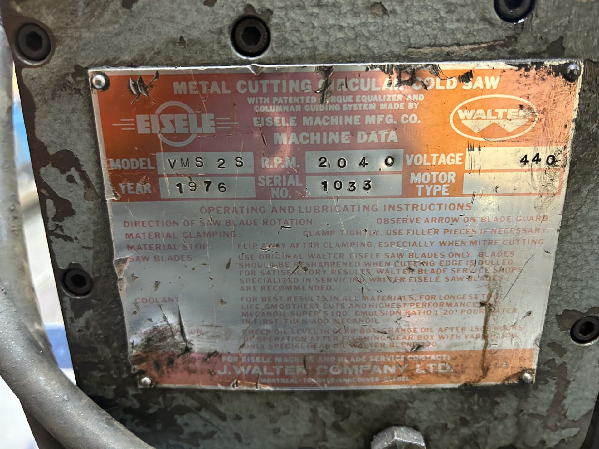 1976 WALTER METAL CUTTING CIRCULAR COLD SAW, MODEL #: VMS-2S, 440V S/N:1033 - Image 5 of 6