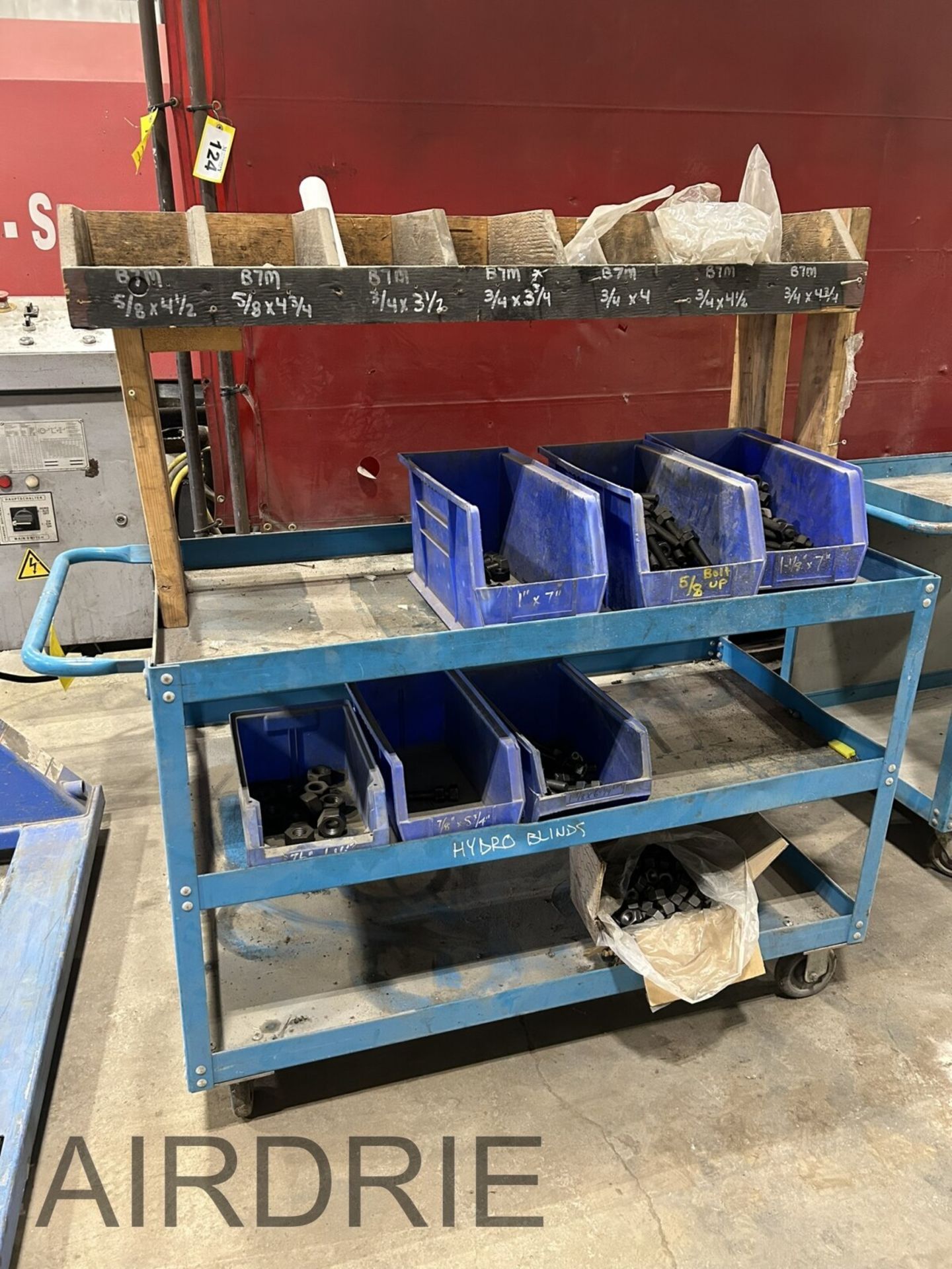 *OFFSITE* HD MATERIAL CART 48"X24"X34"H W/ ASSORTED POLY BINS AND ASSORTED FLANGE STUDS AND BOLTS