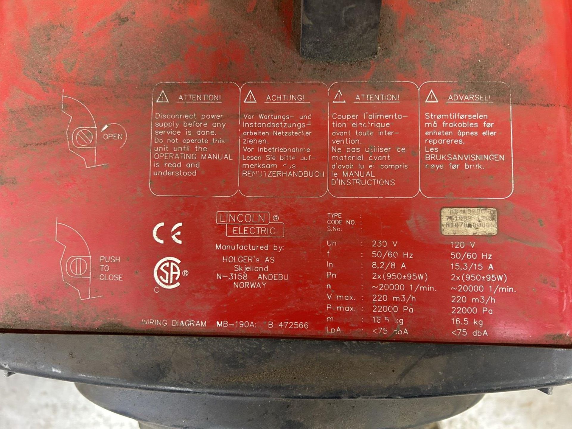 LINCOLN WELDING SMOKE SUCTION MACHINE, 120V, MODEL: MB190A (UNTESTED) - Image 4 of 4