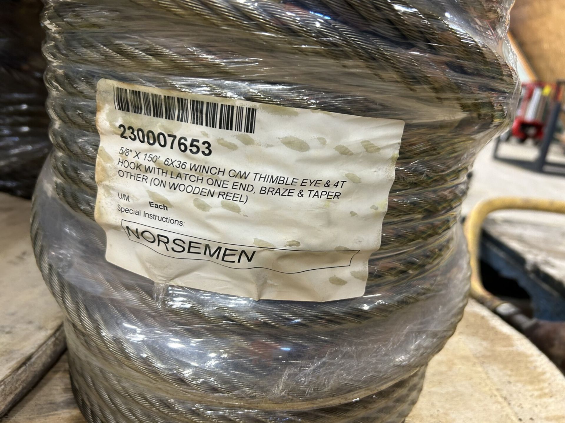 SPOOL OF UNUSED NORSEMEN 5/8x50FT, 6x3/8 WINCH CABLE W/THIMBLE EYE AND 4T HOOK - Image 3 of 3