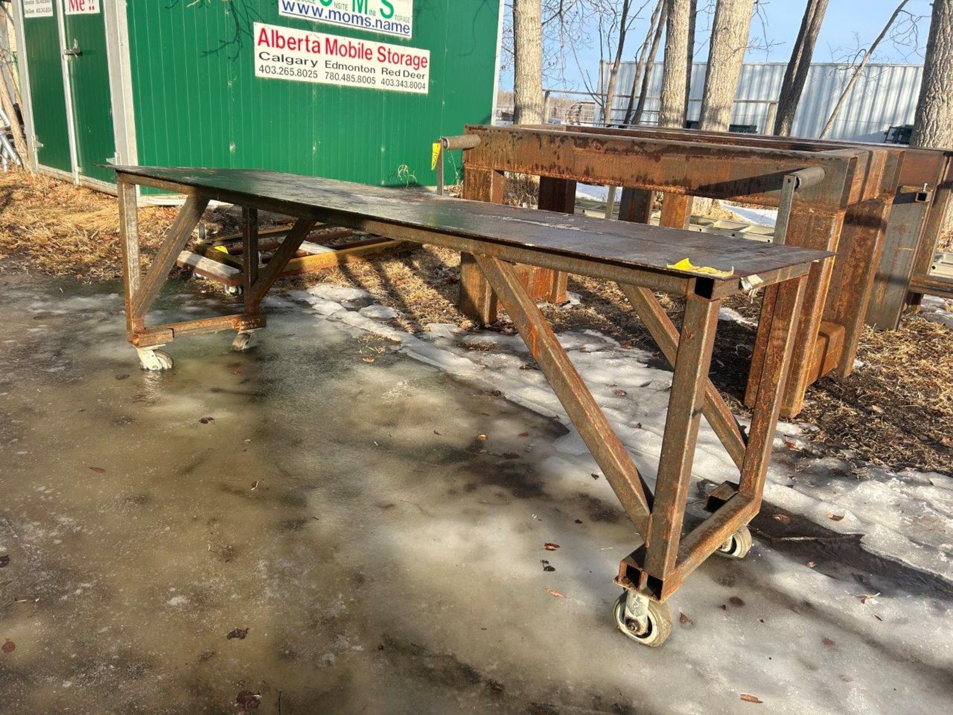 SHOP BUILT WELDING TABLE W/ WHEELS, 28"X96"X32"