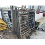 15-5FTX5FT SCAFFOLD FRAMES IN RACK W/ WHEELS, 6-10FT DECKING PLANKS, ASSORTED X-BRACING