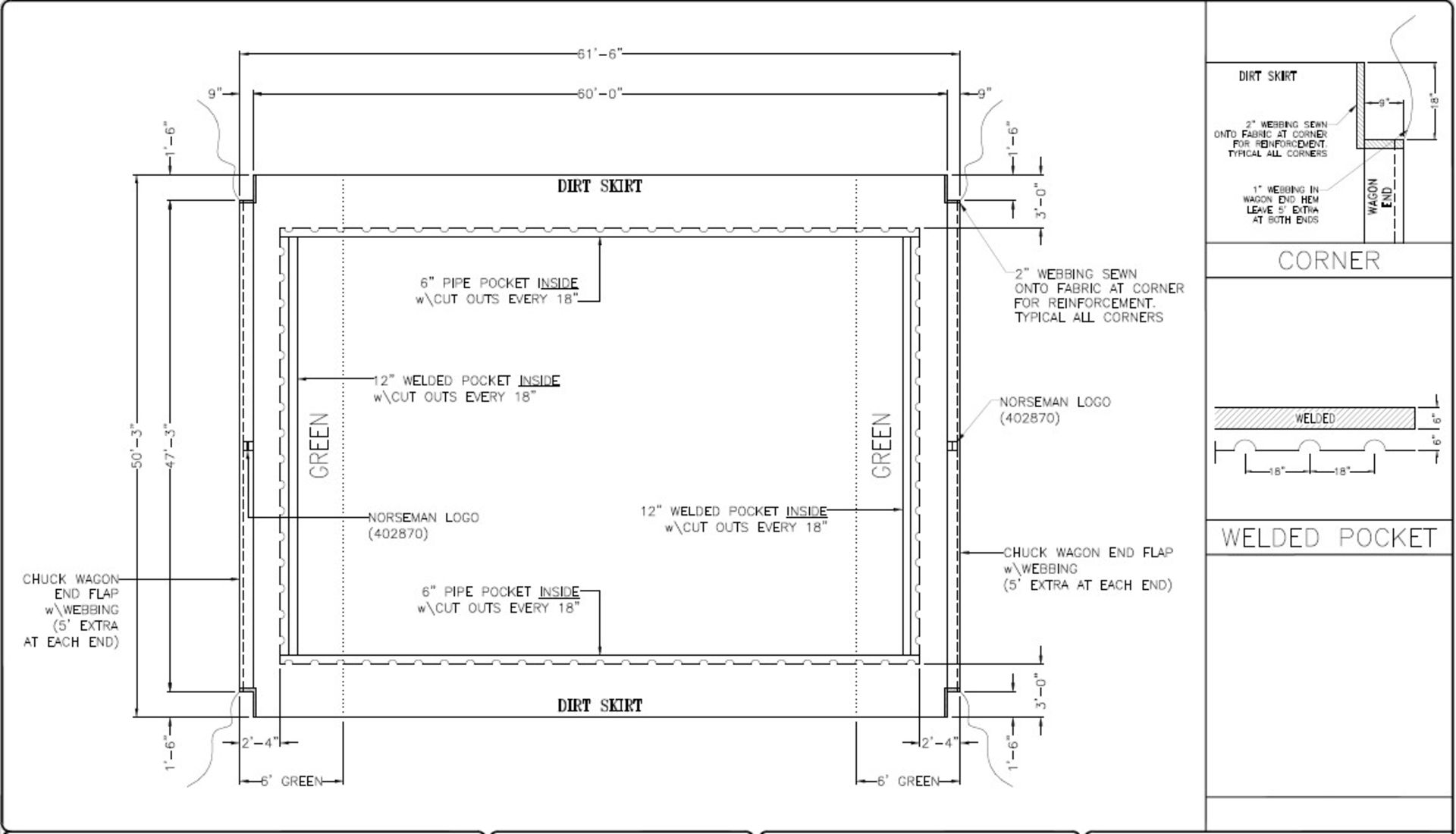 TARP BUILDING COVER *NEW*,50’-3” WIDE X 61’-6” LONG, 12OZ PE WHITE WITH GREEN ENDS, BUILT TO FIT A - Image 2 of 2