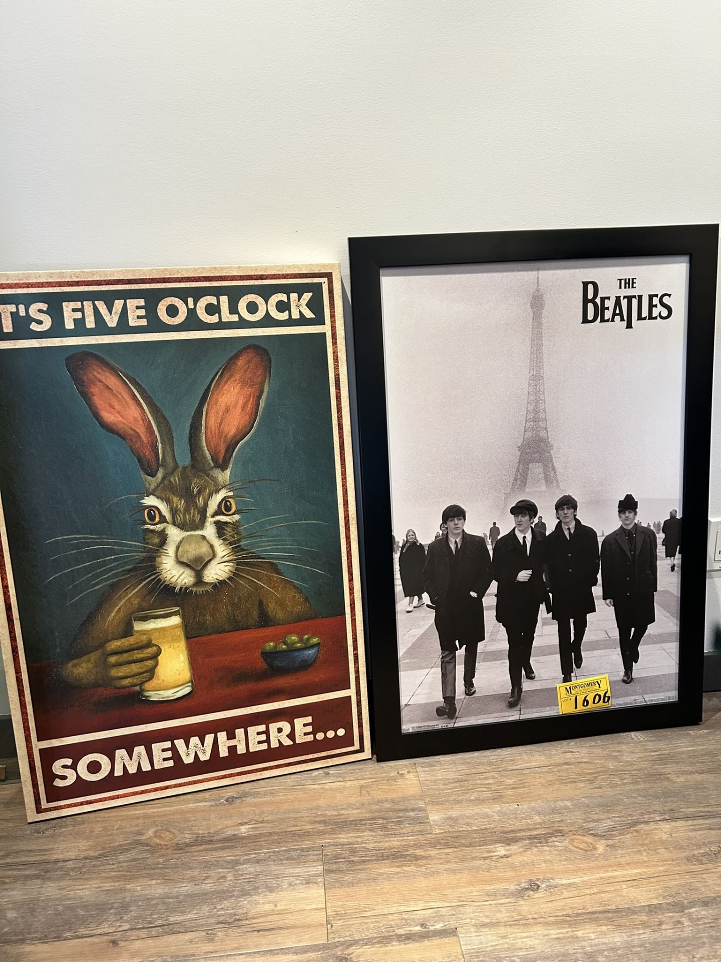 FRAMED BEATLES PRINT 26"X38" AND "IT'S FIVE O'CLOCK SOMEWHERE" CANVAS PRINT 24"X36"