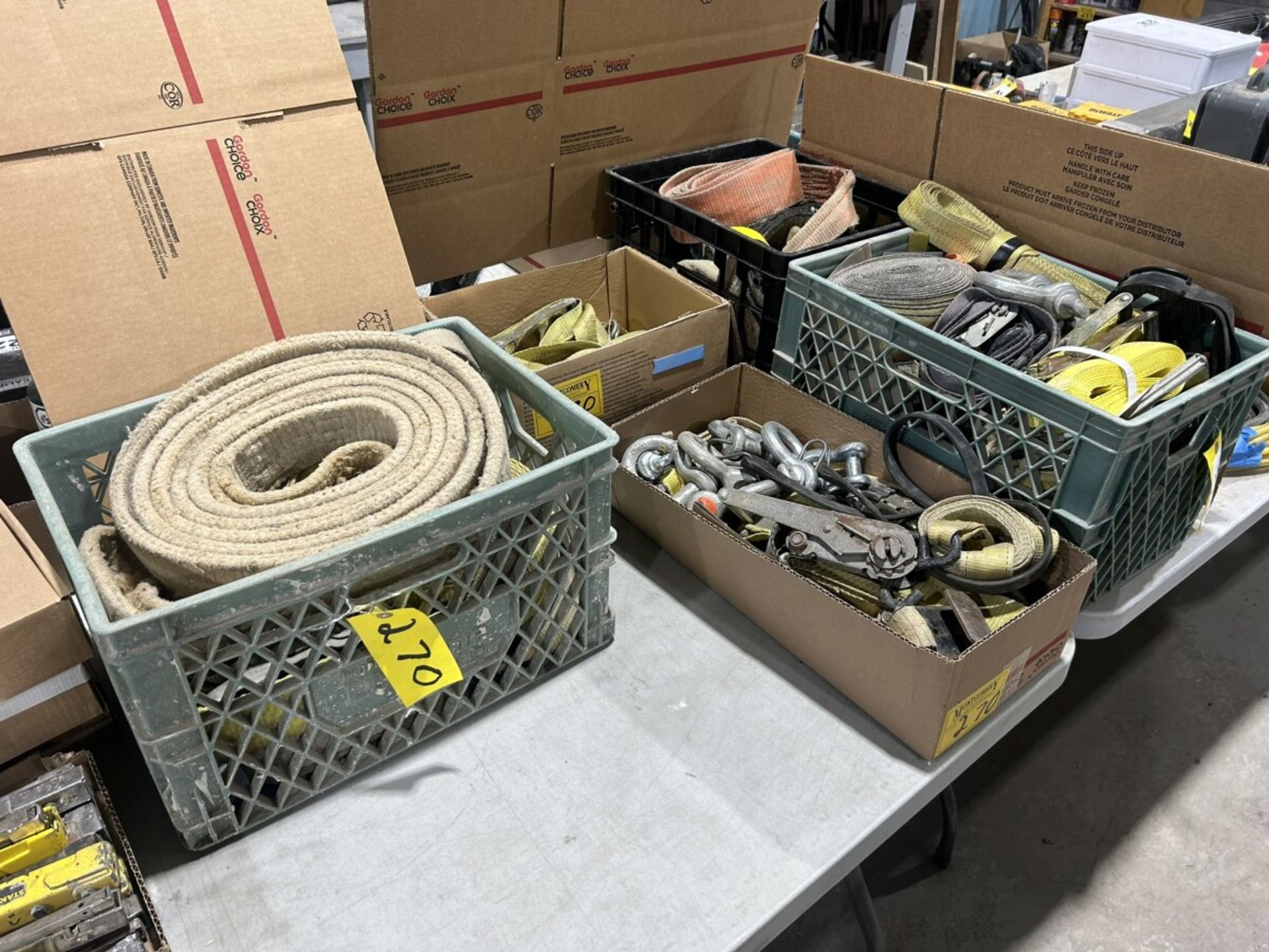 L/O ASSORTED WEB STRAPS, RATCHET STRAPS, SLINGS, TOW STRAPS, ETC.