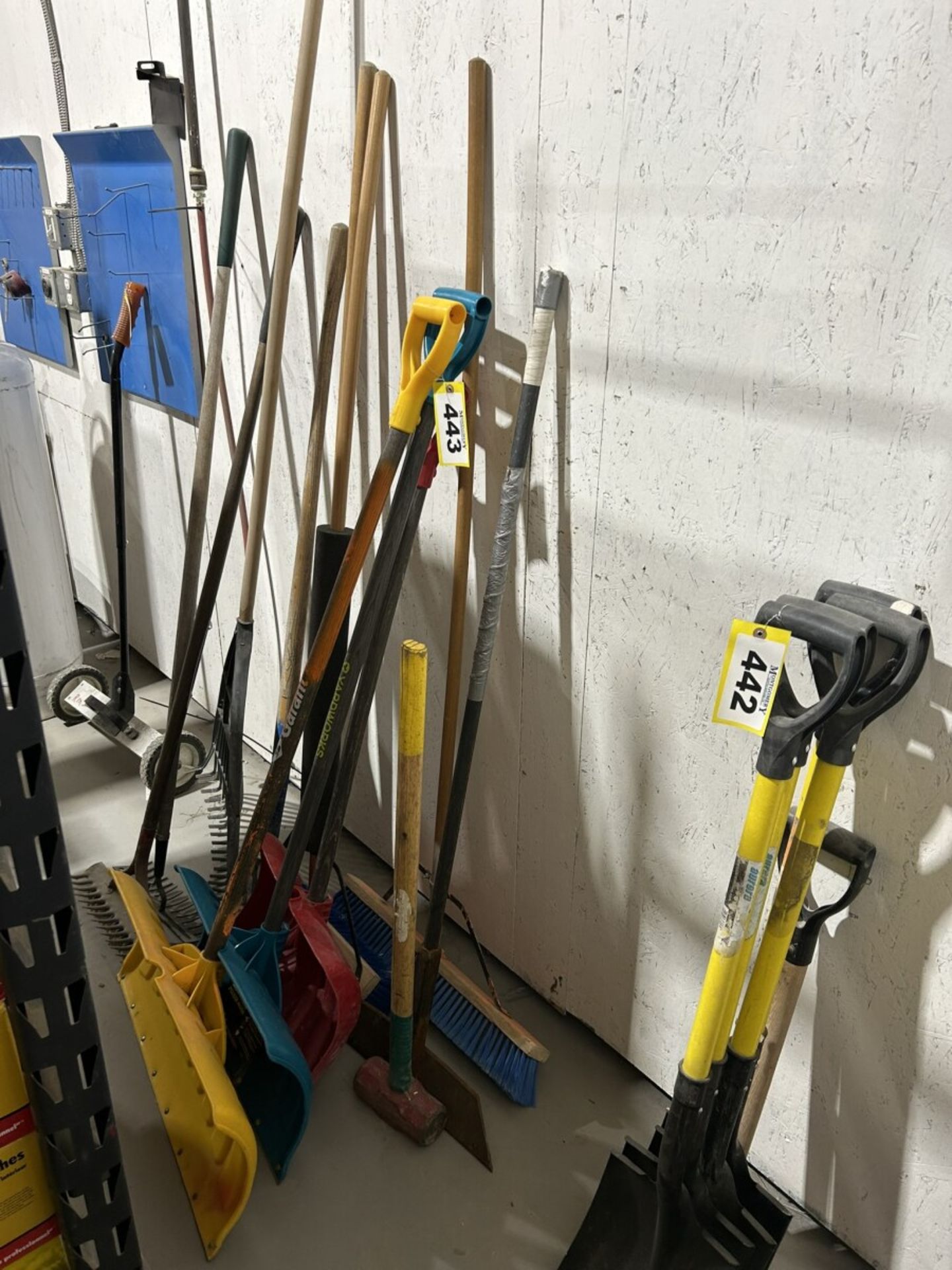 L/O ASSORTED SNOW SHOVELS, BROOMS, RAKES, ETC.