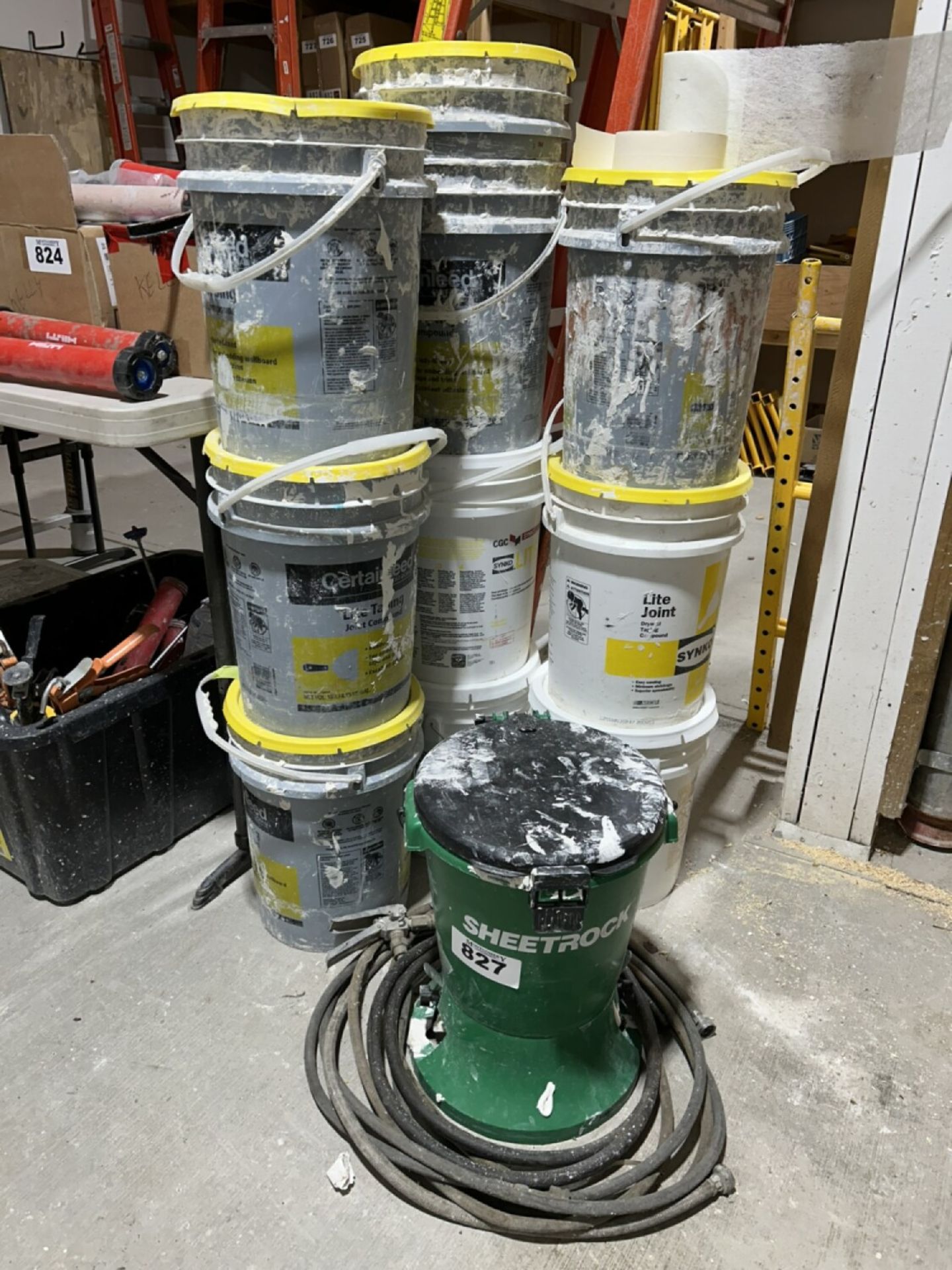 SHEETROCK CORNER BEAD HOPPER AND ASSORTED 5 GAL. PAILS