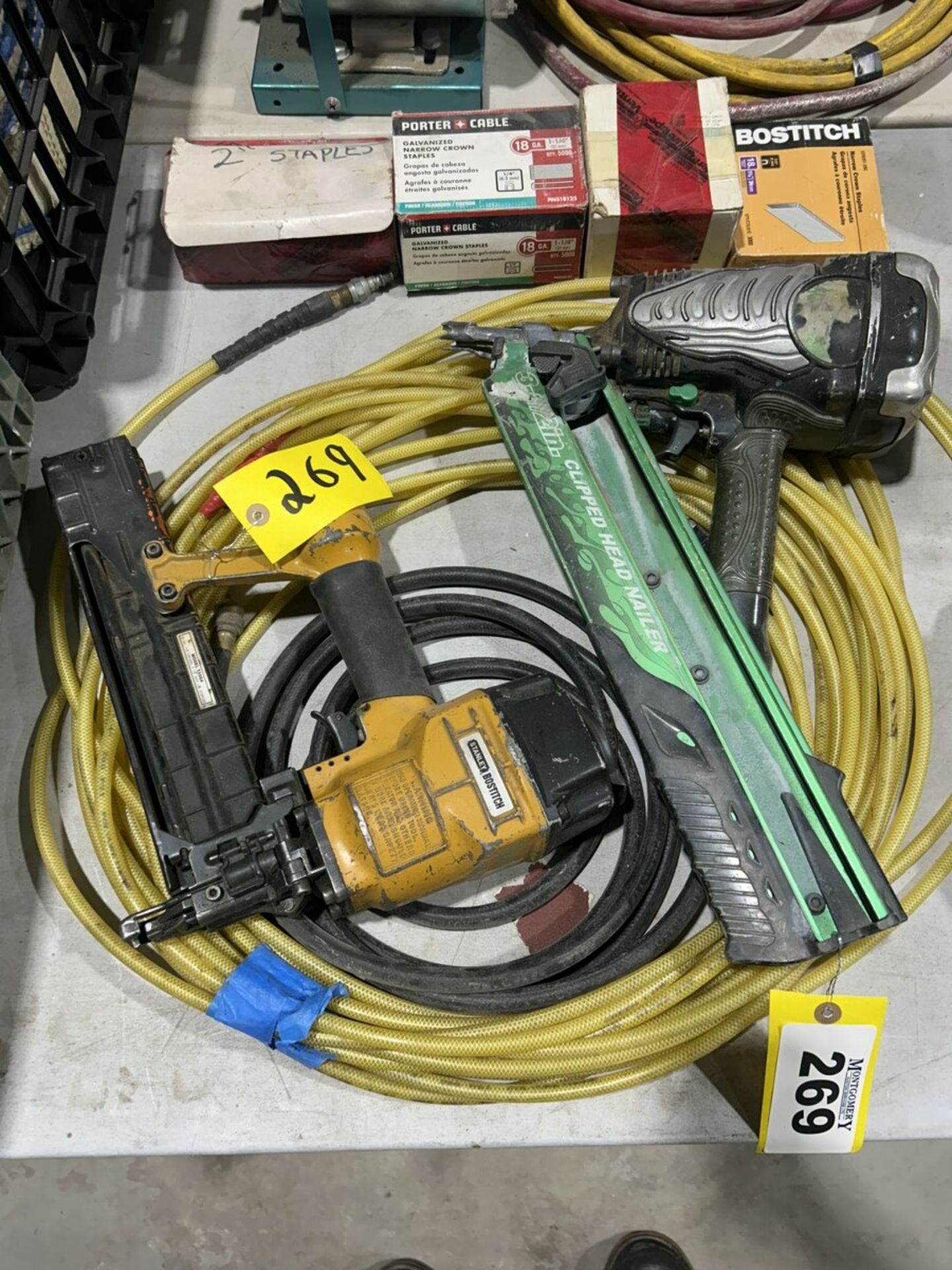 HITACHI PNEUMATIC FRAMING NAILER, STANLEY BOSTITCH SHEATHING STAPLER, AIR HOSE