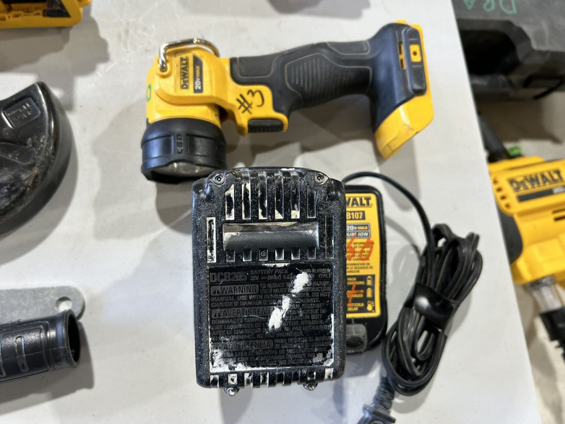 DEWALT CORDLESS RIGHT ANGLE DRILL , RECIPROCATING SAW, ANGLE GRINDER, IMPACT DRIVER, & LIGHT W/ - Image 4 of 11
