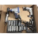 PNEUMATIC 1/2" IMPACT WRENCH, 3/8" RATCHET, DRILL, AND ASSORTED IMPACT SOCKETS