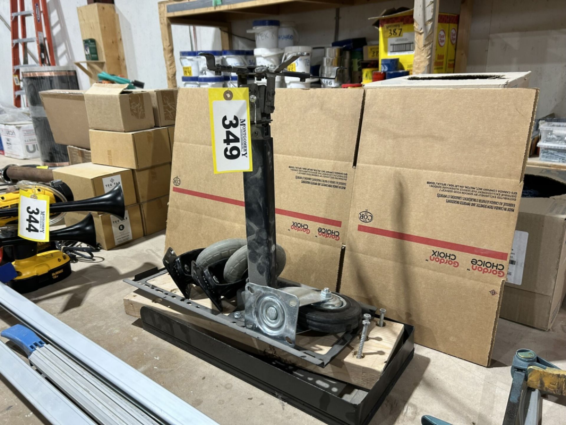 ASSORTED CASTORS, MONITOR STAND, STEEL FRAME, ETC.