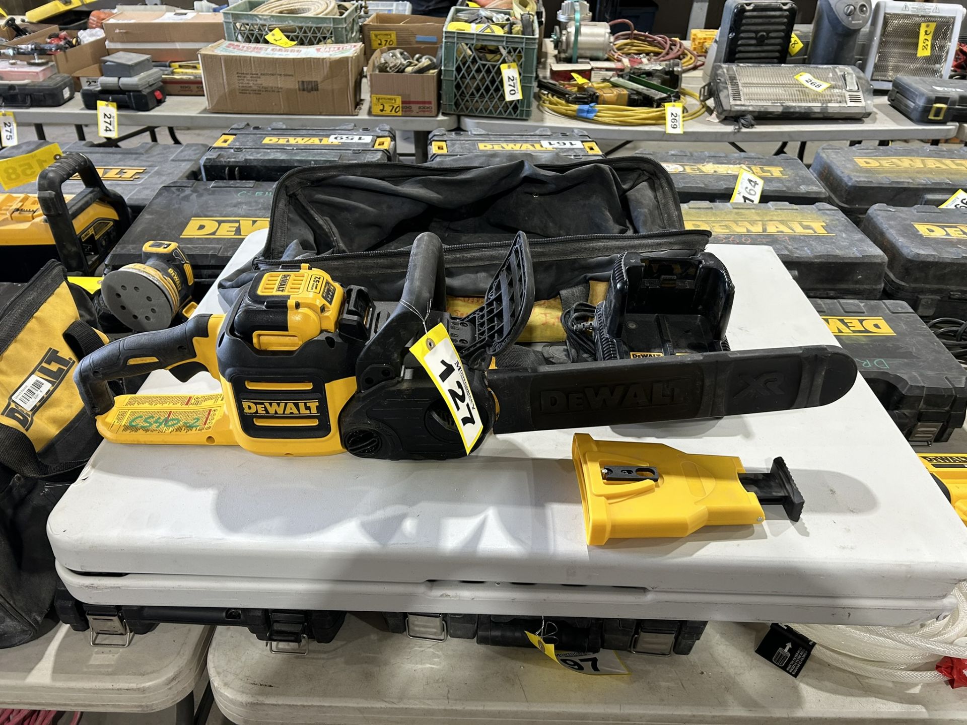 DEWALT CORDLESS 16" CHAINSAW W/ 7.5AH BATTERY, CHARGER, SHARPENER