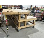 WOODEN ROLLING WORK TABLE 44"X84"X37"H W/ FOLDING INFEED/OUTFEED TABLE