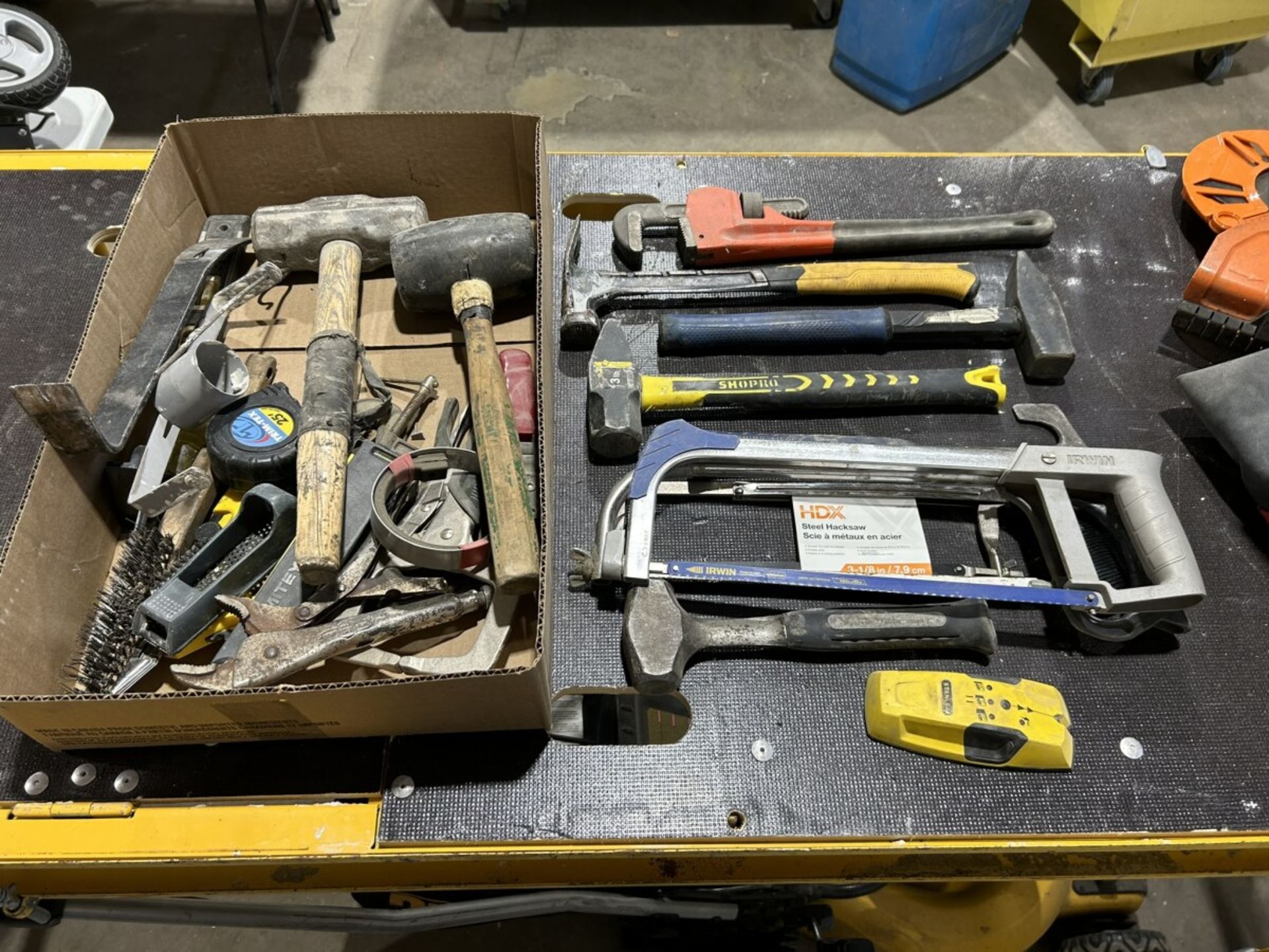 L/O ASSORTED HAND TOOLS, STEEL PIPE WRENCH, HACK SAWS, ETC.