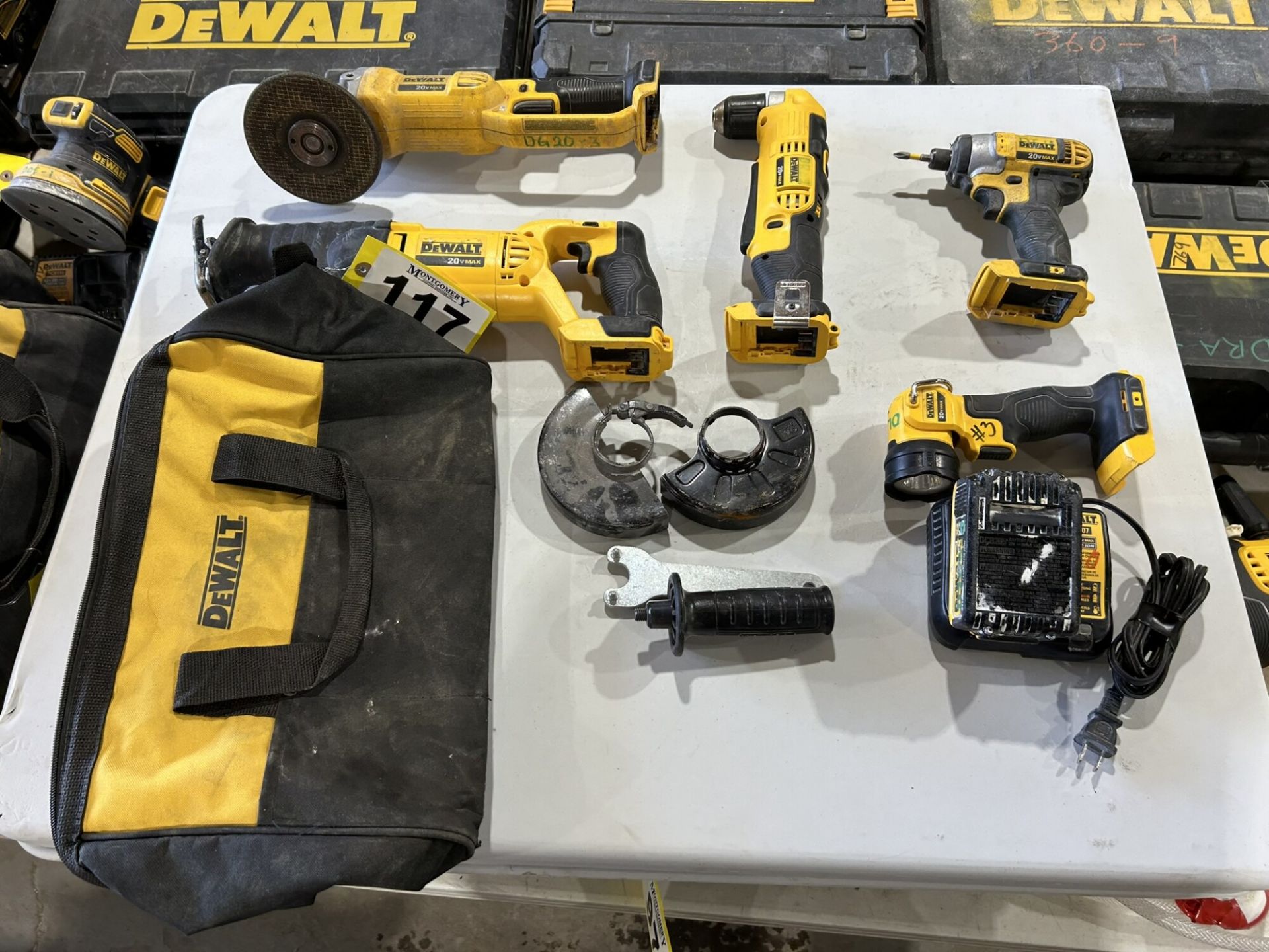 DEWALT CORDLESS RIGHT ANGLE DRILL , RECIPROCATING SAW, ANGLE GRINDER, IMPACT DRIVER, & LIGHT W/