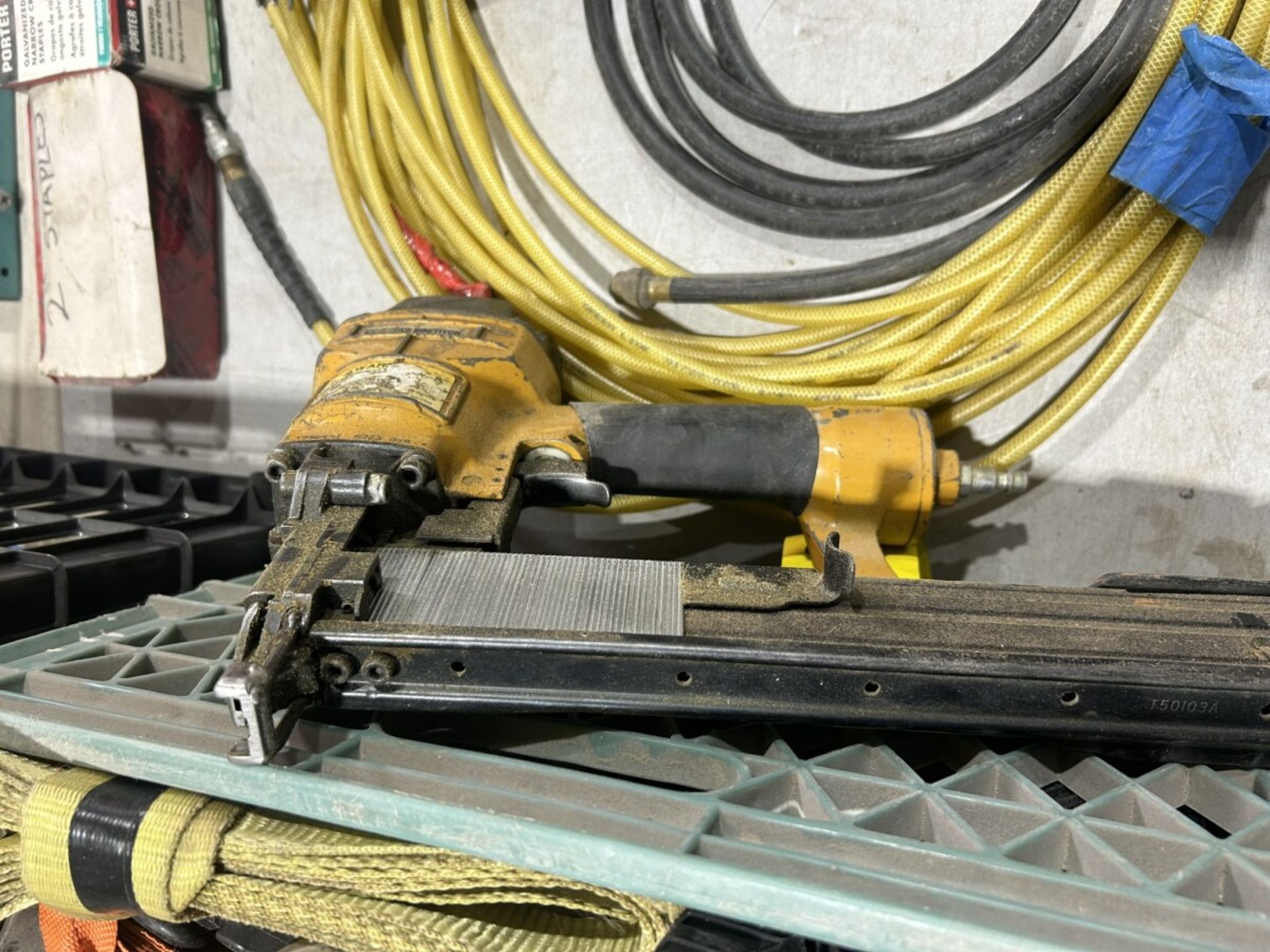 HITACHI PNEUMATIC FRAMING NAILER, STANLEY BOSTITCH SHEATHING STAPLER, AIR HOSE - Image 5 of 7