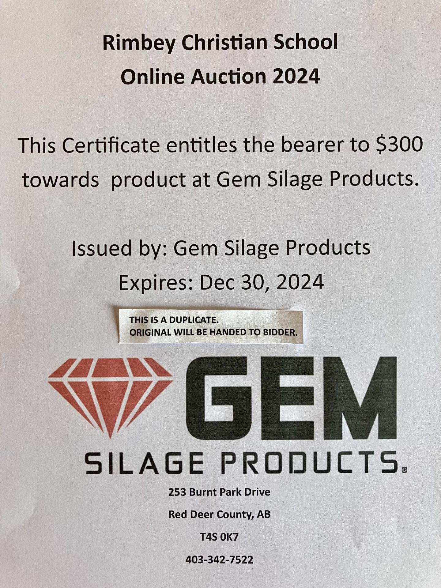 GEM SILAGE PRODUCTS $300 GIFT CERTIFICATE - Image 2 of 2