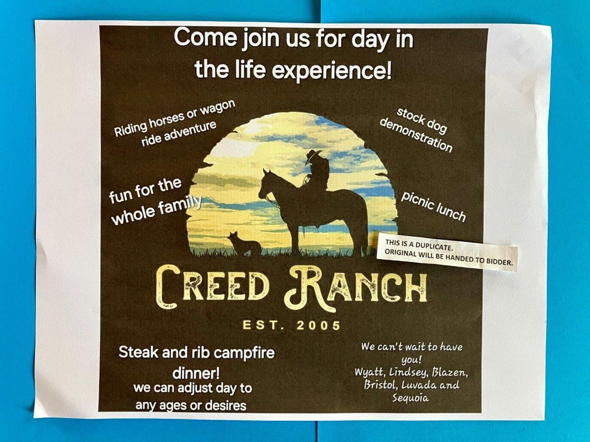 CREED RANCH GIFT CERTIFICATE FOR "A DAY IN THE LIFE"