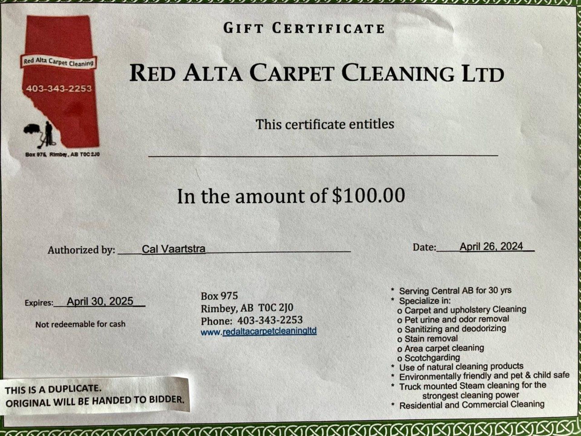 RED ALTA CARPET CLEANING GIFT CERTIFICATE - Image 2 of 2