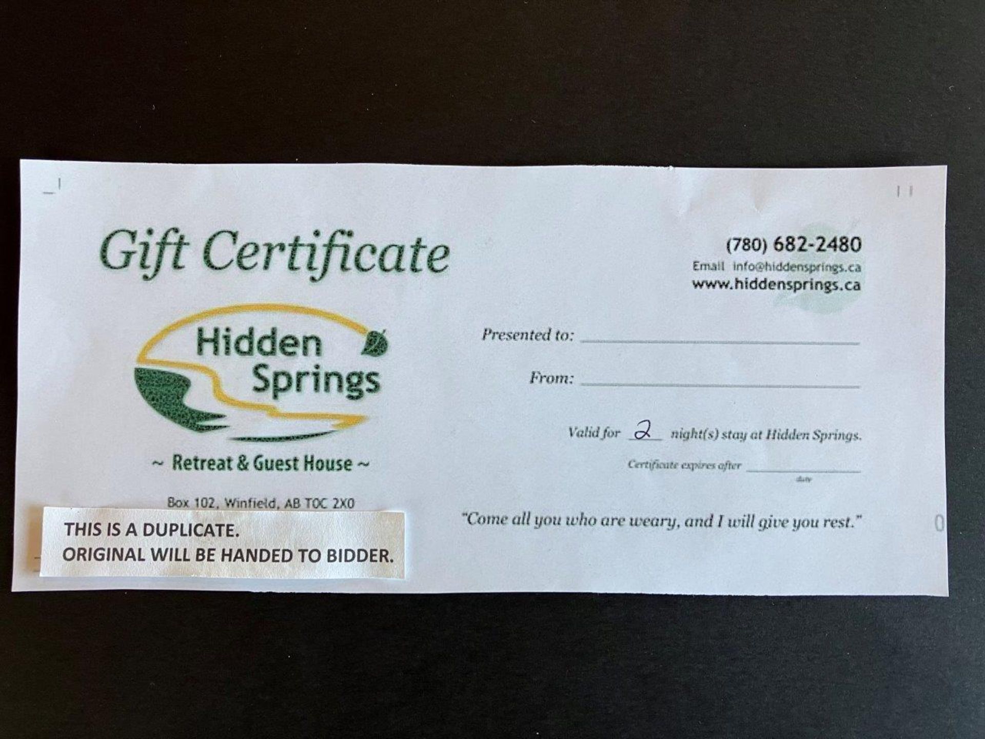 HIDDEN SPRINGS RETREAT & GUEST HOUSE GIFT CERTIFICATE