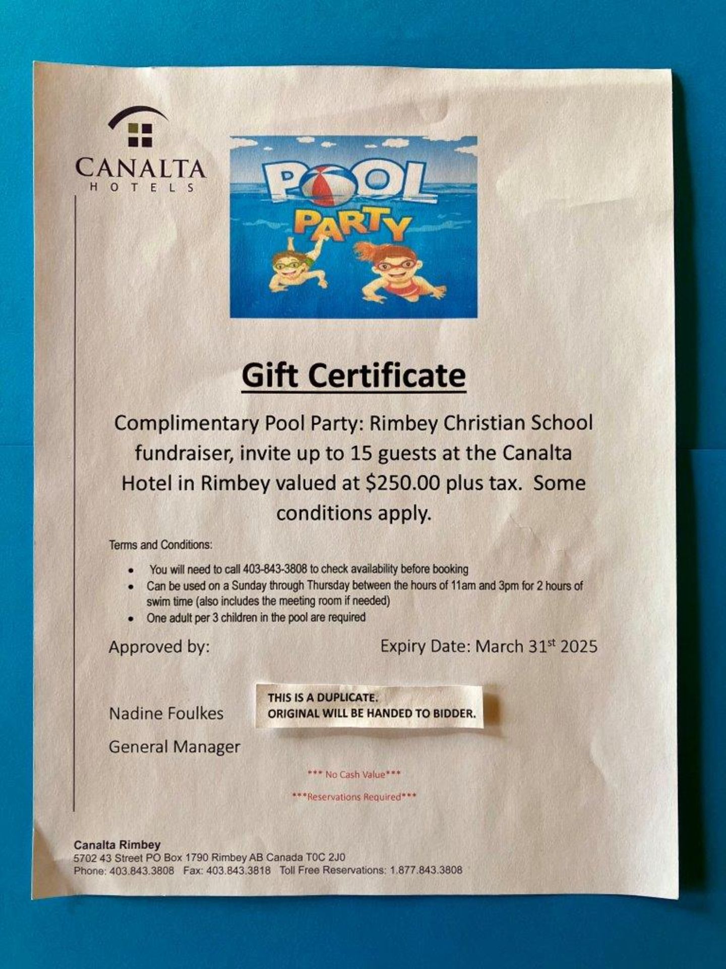 CANALTA HOTELS (RIMBEY) POOL PARTY GIFT CERTIFICATE