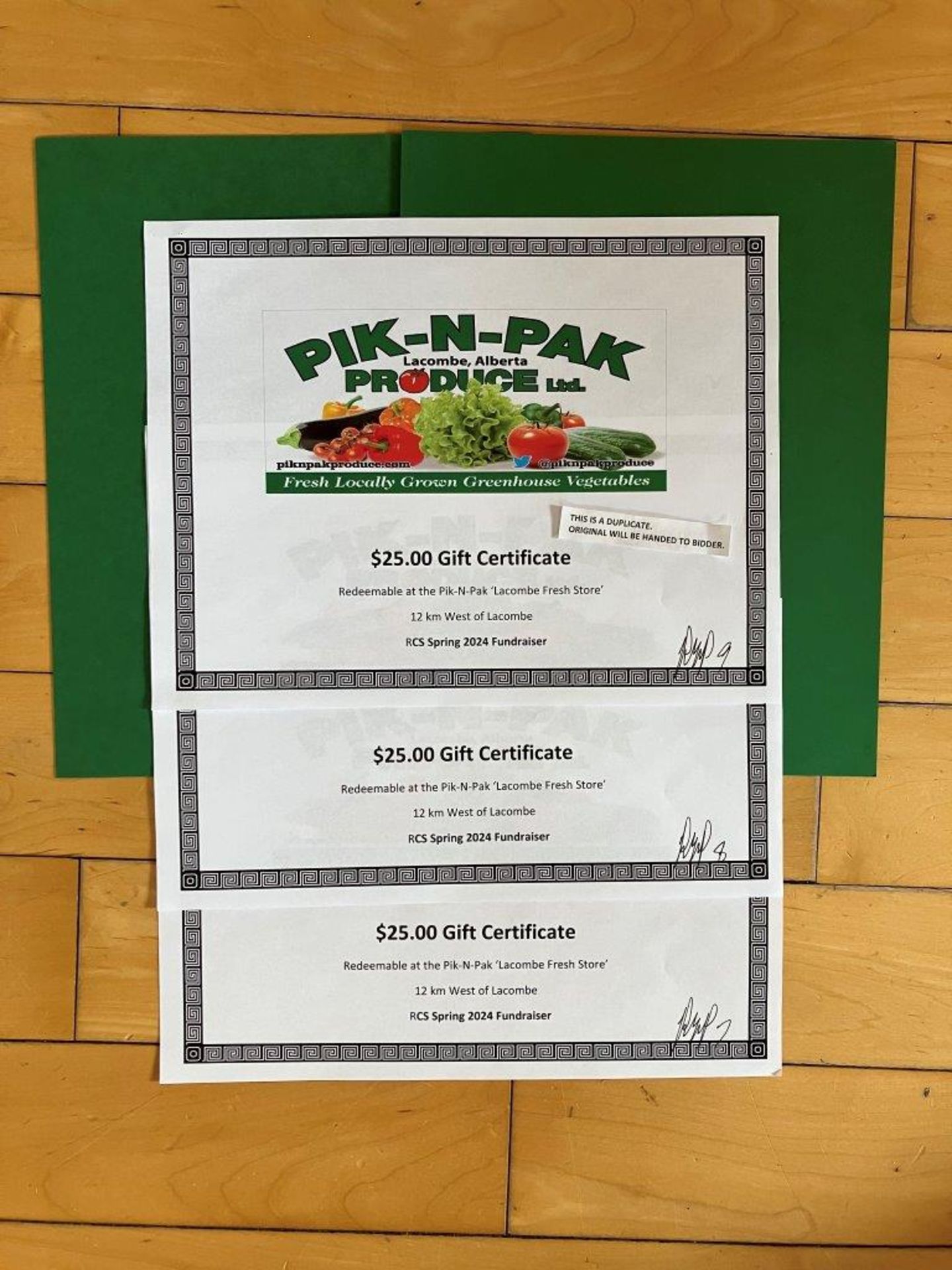 3 $25 PIK-N-PAK PRODUCE GIFT CERTIFICATES