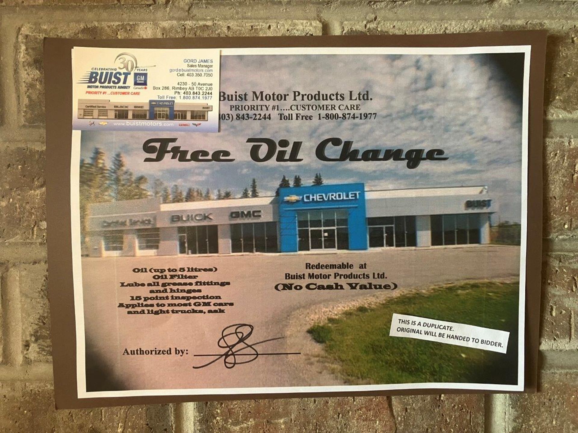BUIST MOTOR PRODUCTS OIL CHANGE GIFT CERTIFICATE, TRAVEL MUG & BASEBALL CAP - Image 2 of 3