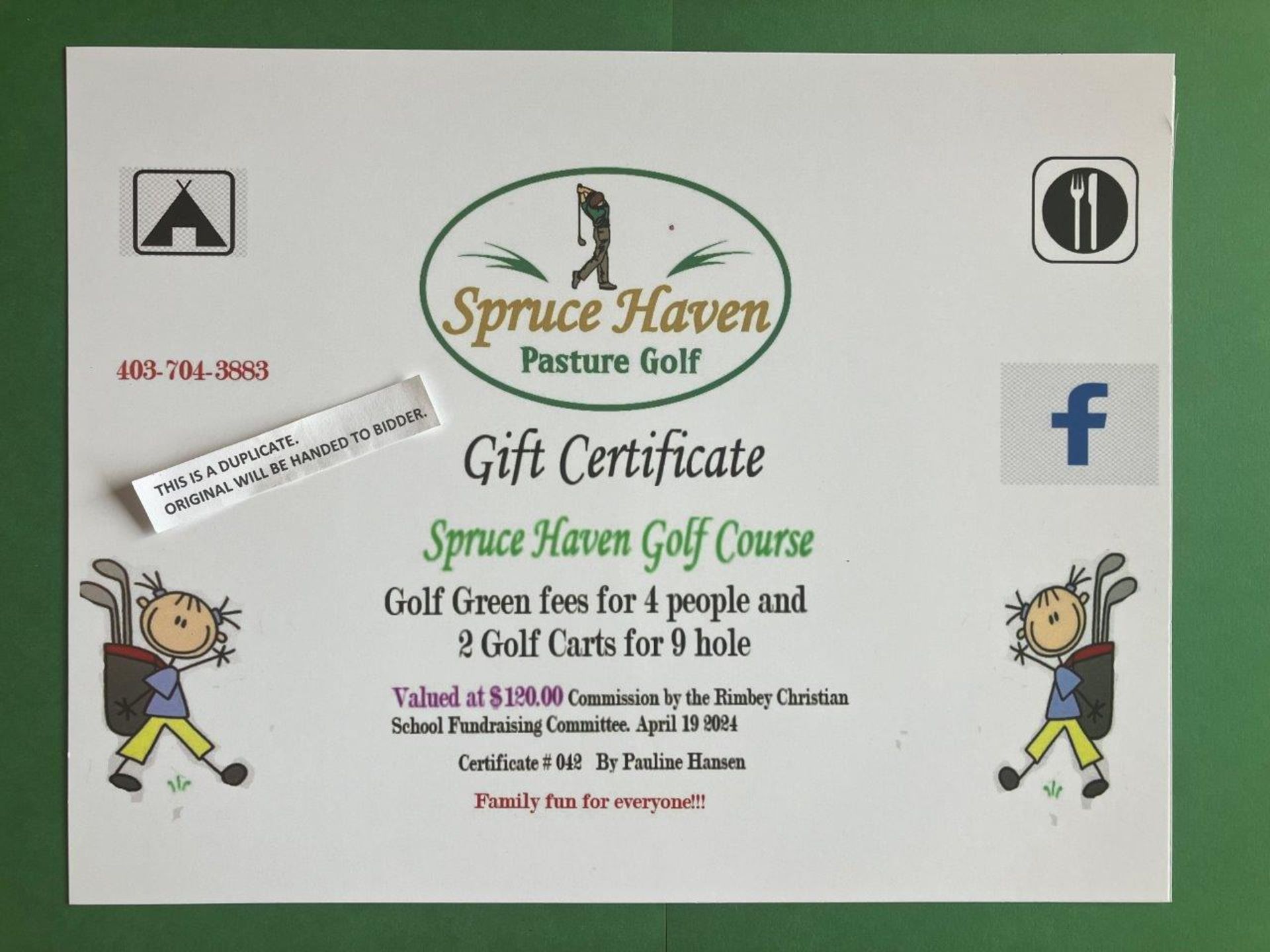 SPRUCE HAVEN PASTURE GOLF COURSE GIFT CERTIFICATE