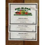 3 $25 PIK-N-PAK PRODUCE GIFT CERTIFICATES