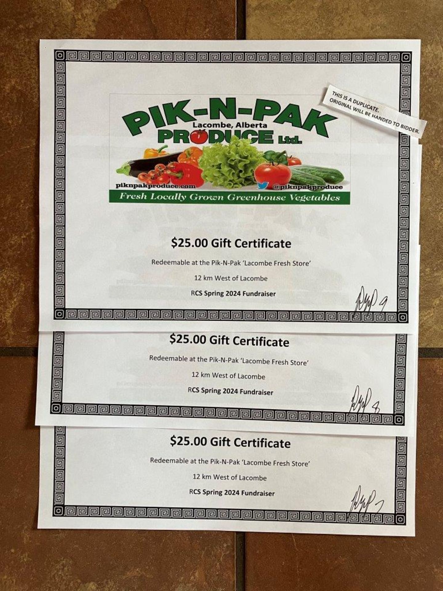 3 $25 PIK-N-PAK PRODUCE GIFT CERTIFICATES