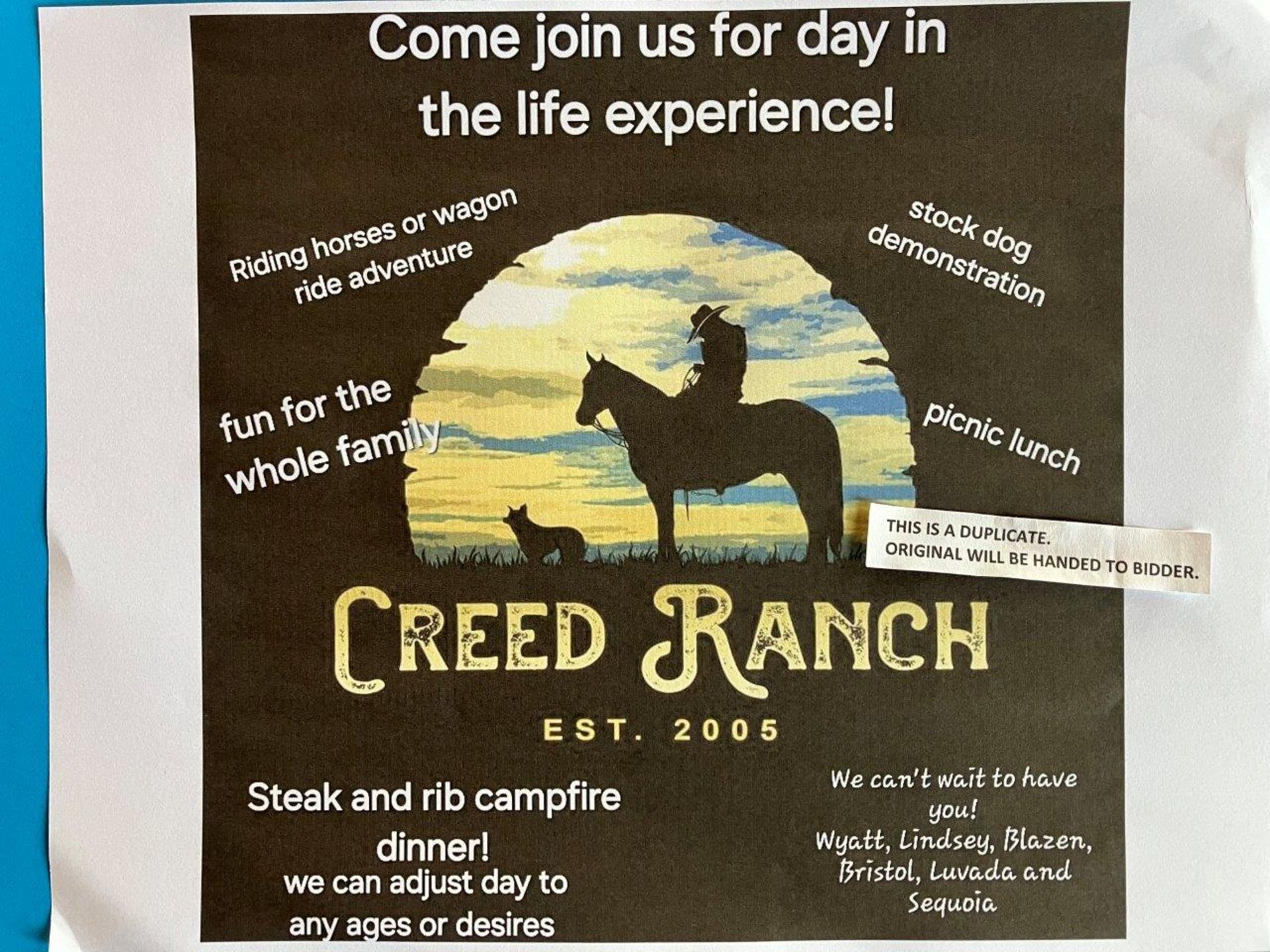 CREED RANCH GIFT CERTIFICATE FOR "A DAY IN THE LIFE" - Image 2 of 2