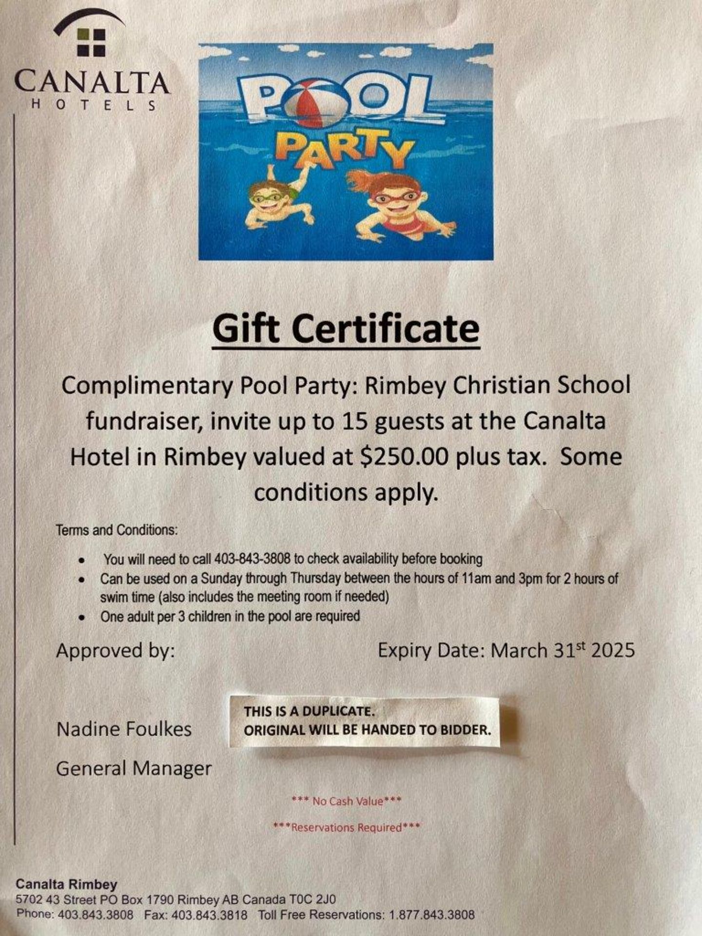 CANALTA HOTELS (RIMBEY) POOL PARTY GIFT CERTIFICATE - Image 2 of 2