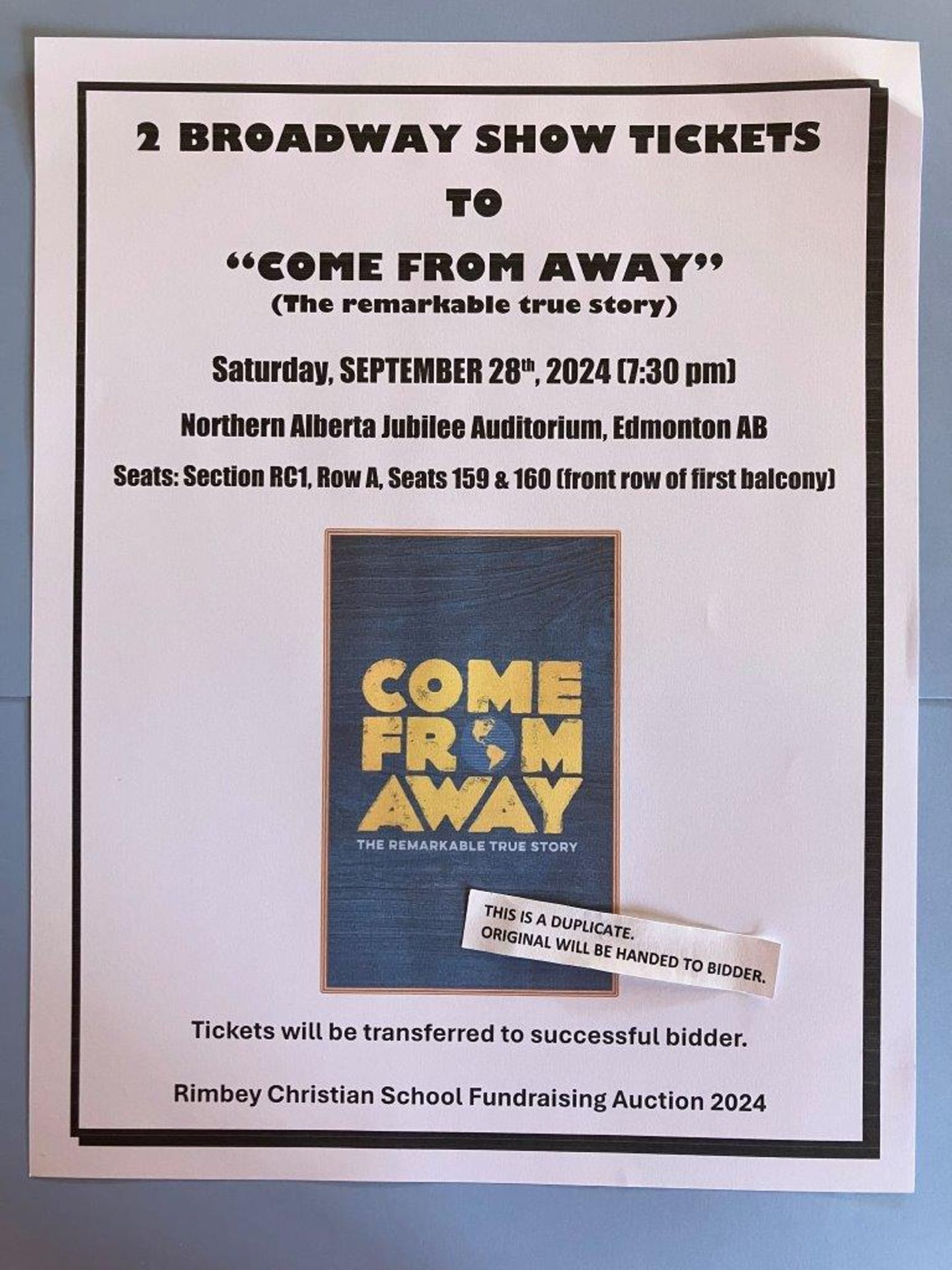 2 BROADWAY SHOW TICKETS TO "COME FROM AWAY"