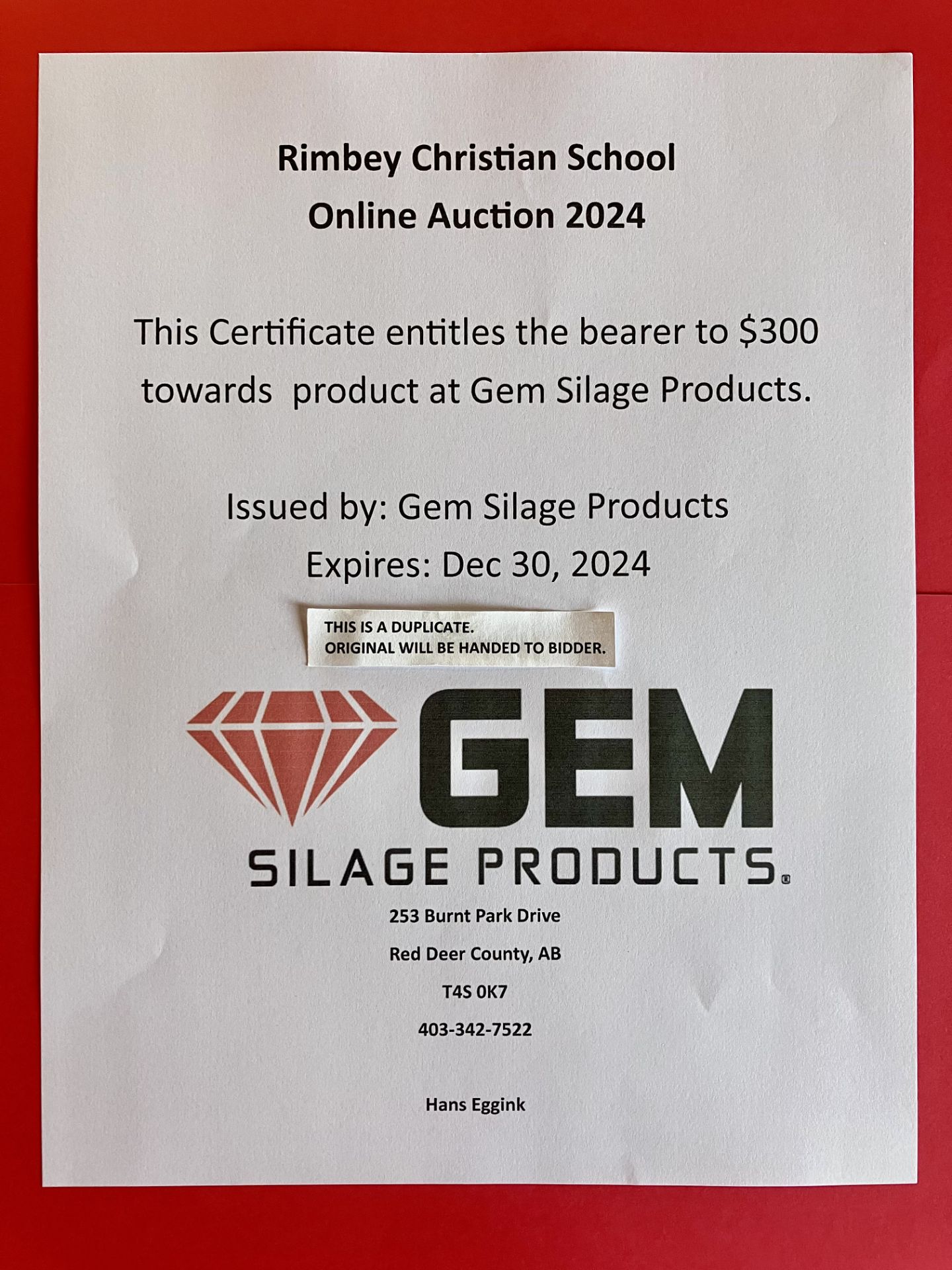 GEM SILAGE PRODUCTS $300 GIFT CERTIFICATE