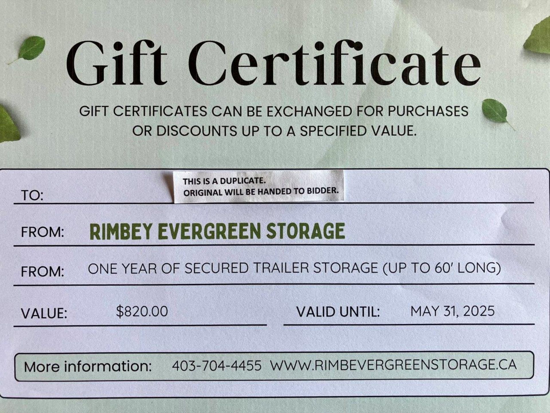 RIMBEY EVERGREEN STORAGE GIFT CERTIFICATE: TRAILER STORAGE - Image 2 of 2