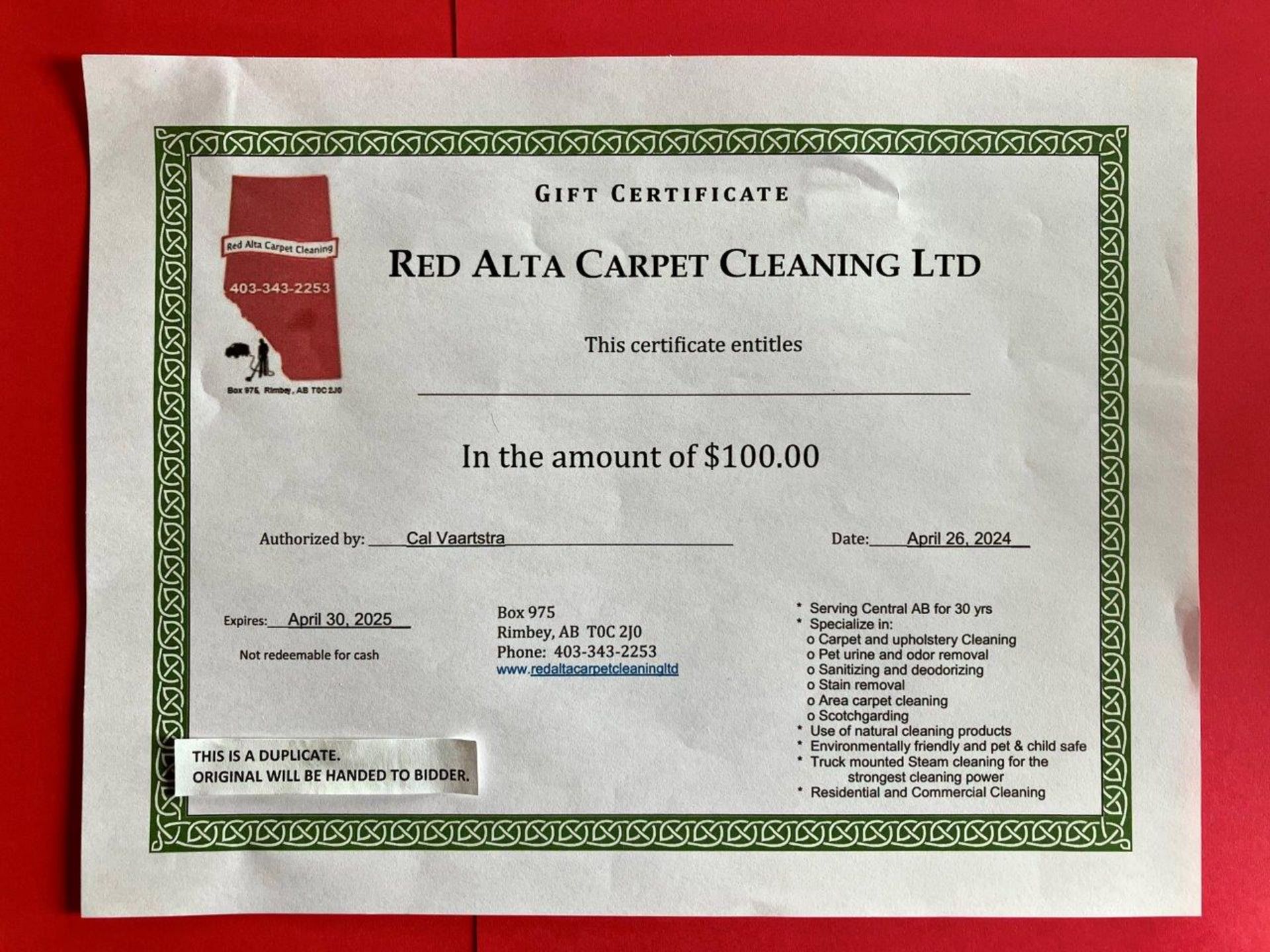 RED ALTA CARPET CLEANING GIFT CERTIFICATE