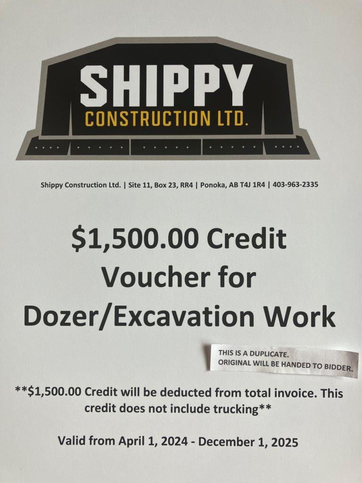 SHIPPY CONSTRUCTION LTD. $1,500.00 CREDIT VOUCHER FOR DOZER/EXCAVATION WORK - Image 2 of 2