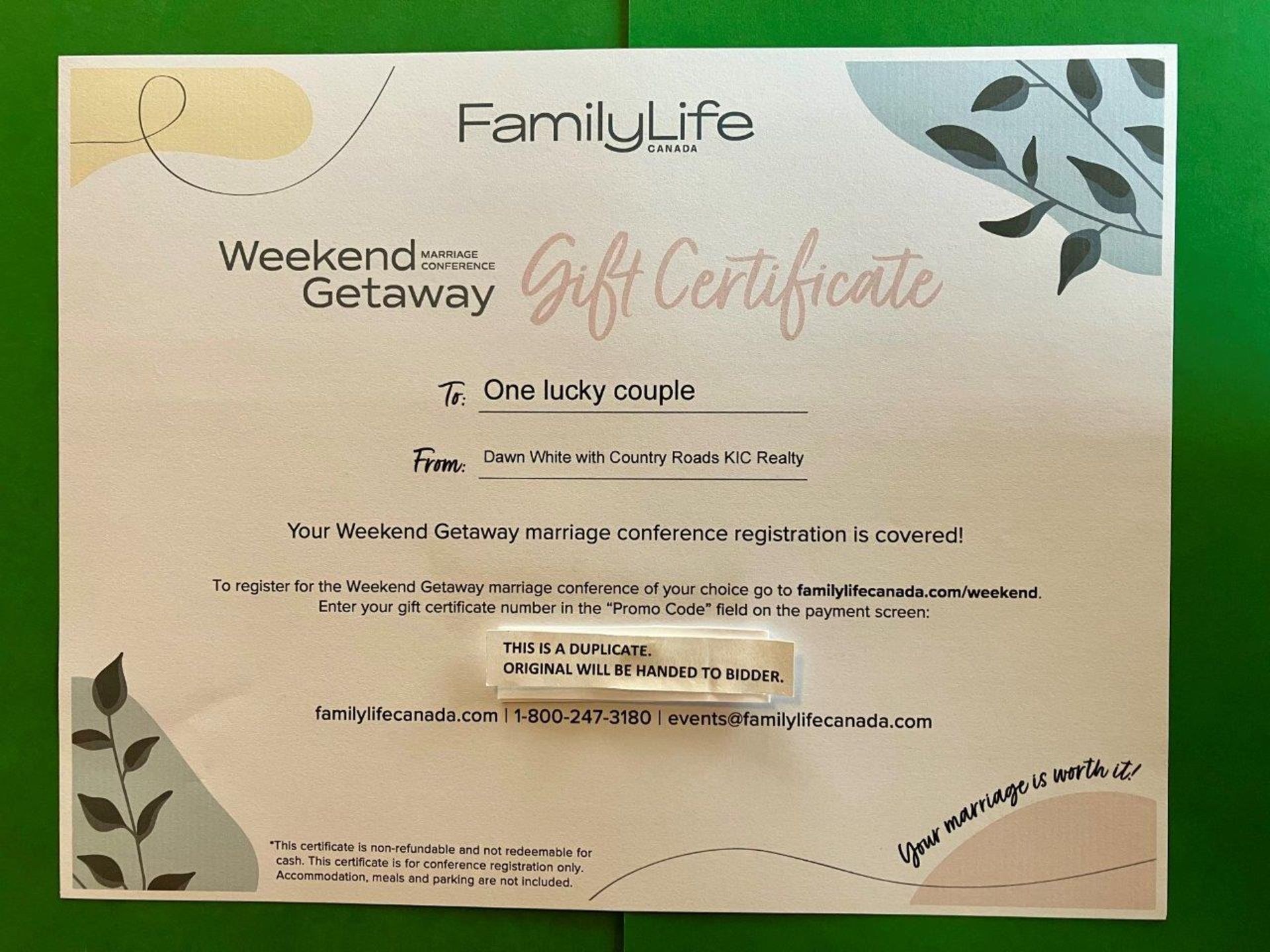 FAMILY LIFE CANADA COUPLES WEEKEND GETAWAY GIFT CERTFICATE