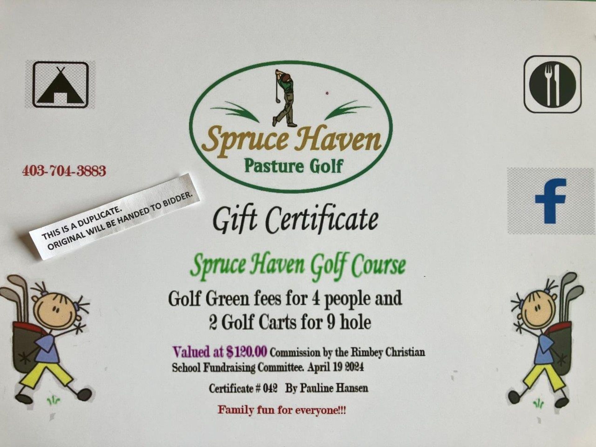 SPRUCE HAVEN PASTURE GOLF COURSE GIFT CERTIFICATE - Image 2 of 2